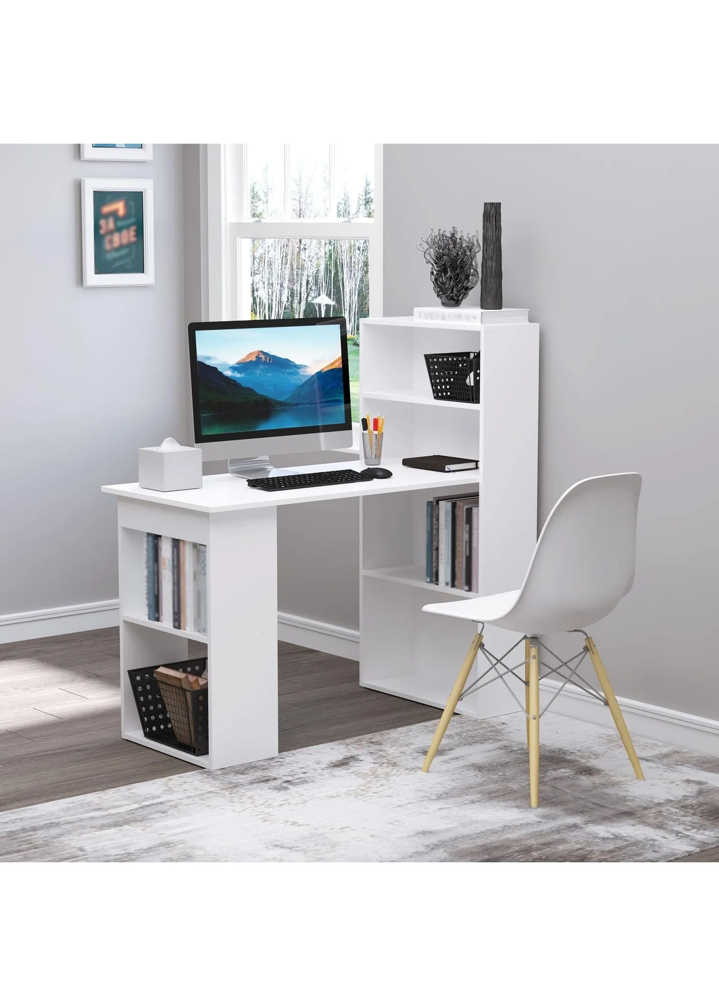 Writing Table Workstation with 6 Shelves - White, Particle Board product