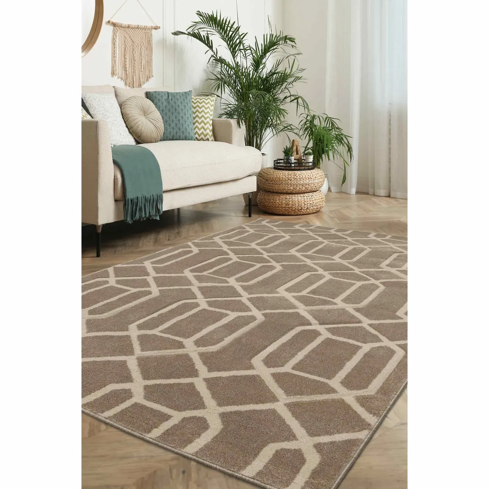 Lattice 80x150 Rug with Hand-Carved Geo Print - Natural, Frisé Yarn product