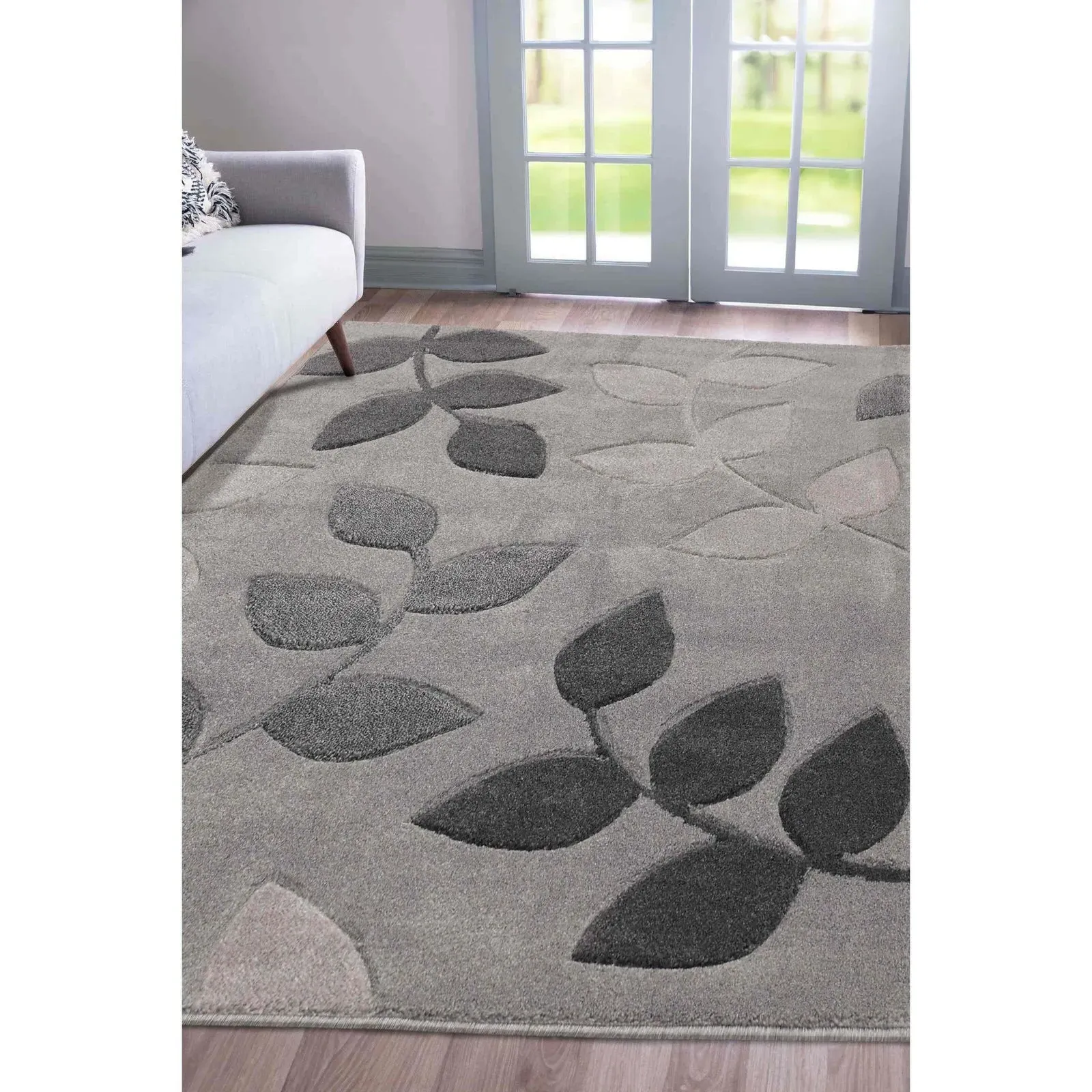 Newport Leaf Design Rug - Grey, Frisé Yarn product