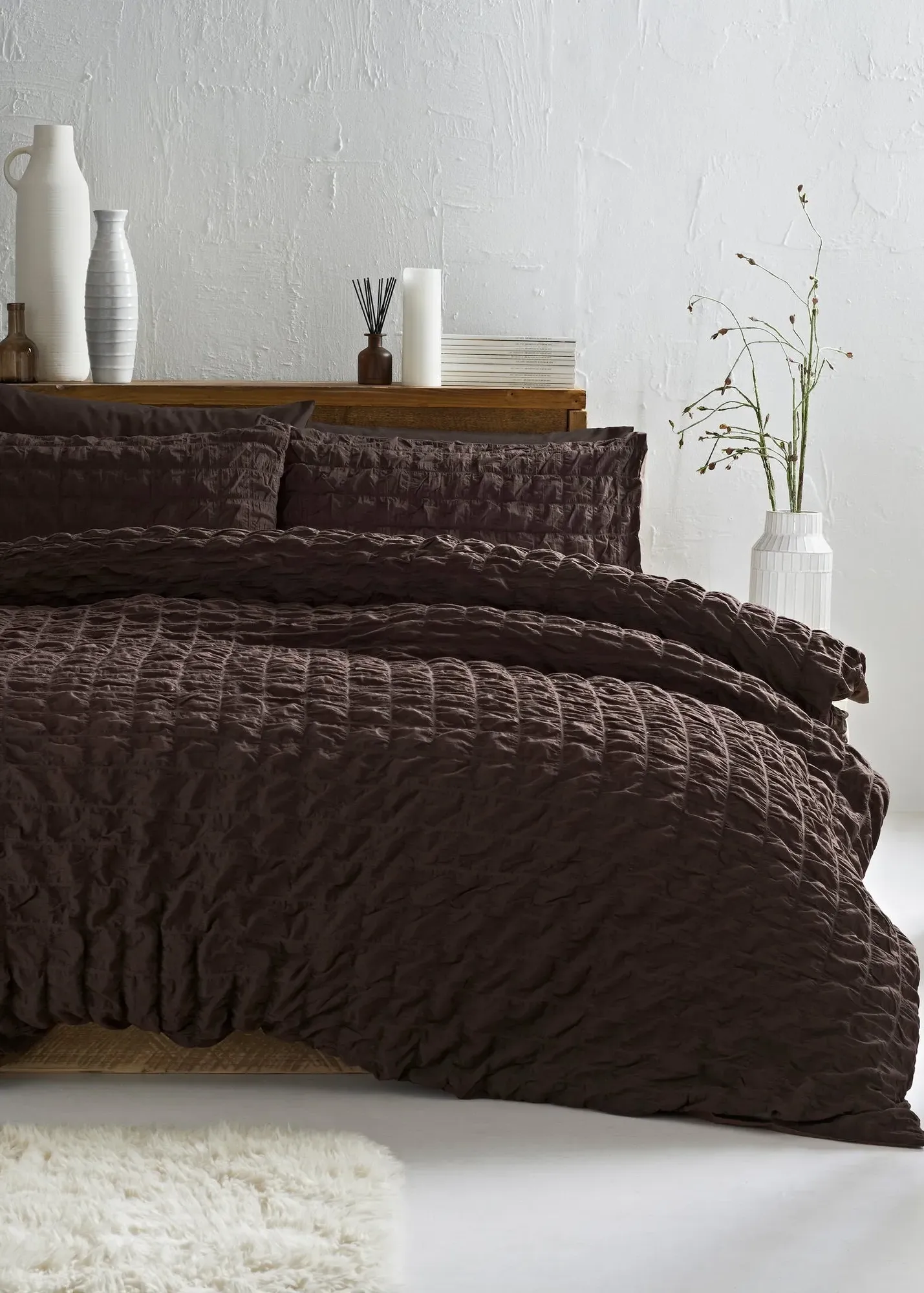 Check Seersucker Double Duvet Set - Brown, Cotton product