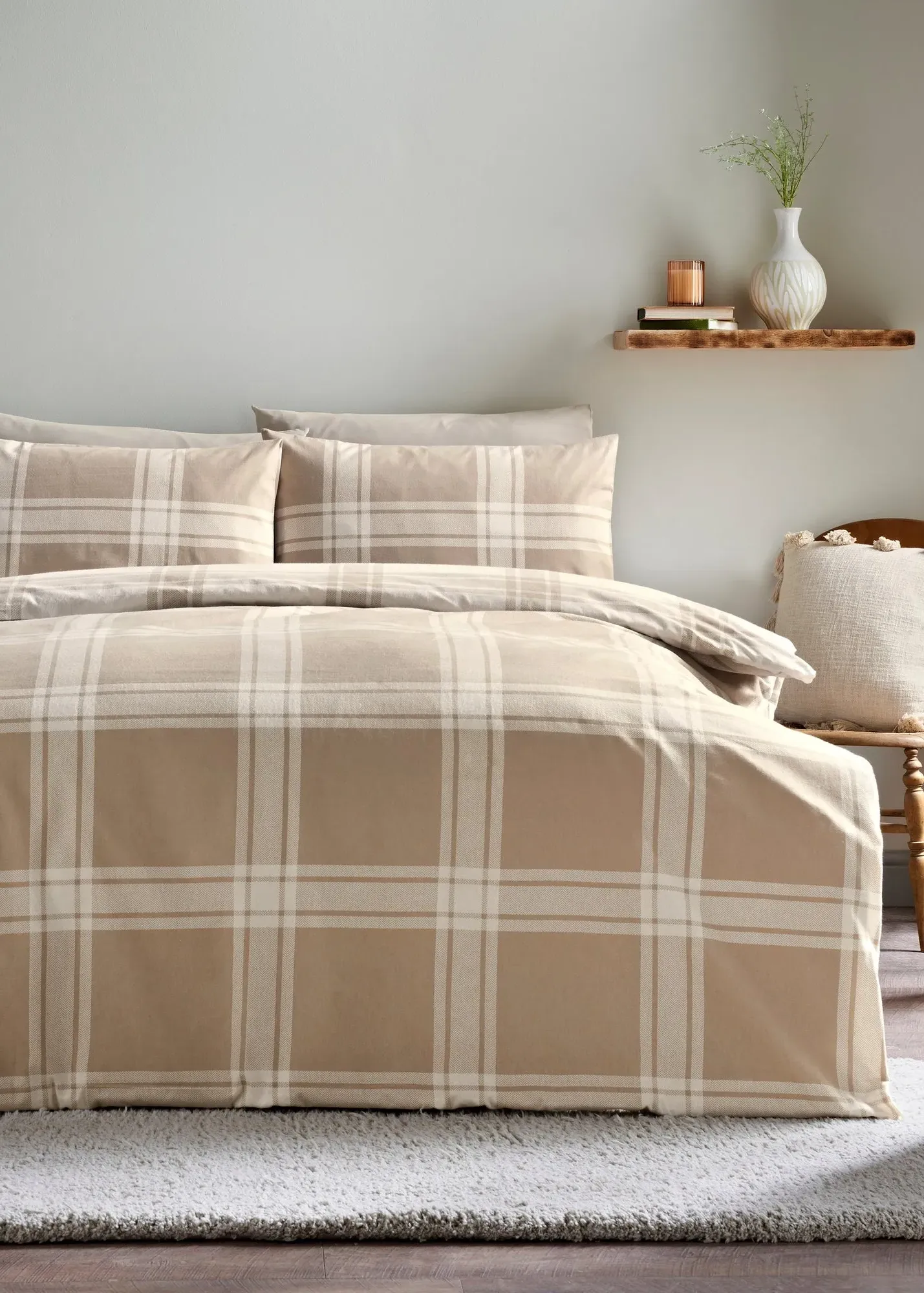Checked Double Duvet Set - Beige, Brushed Cotton product