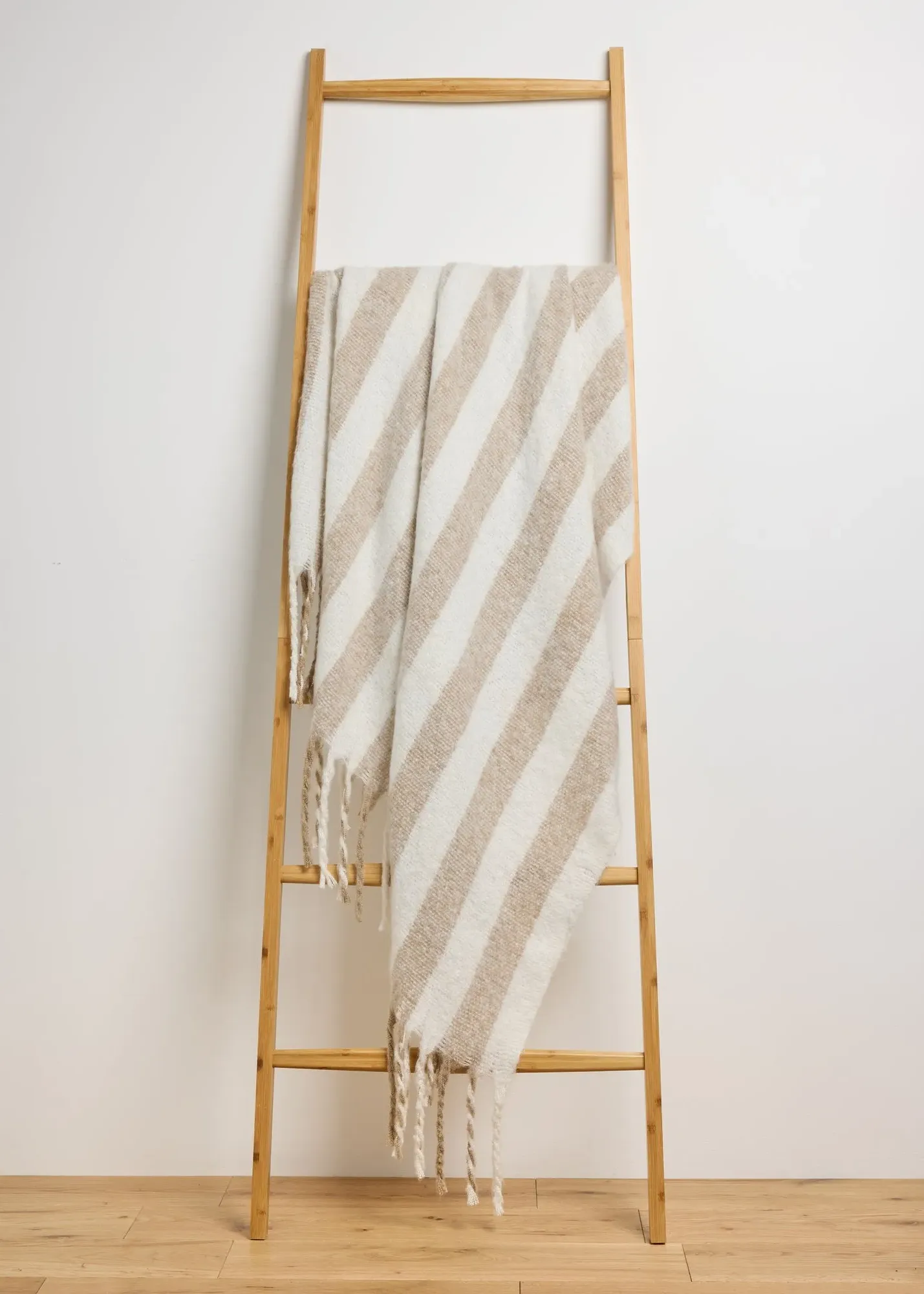 Faux Mohair Stripe Throw with Tassels - Beige, Polyester product