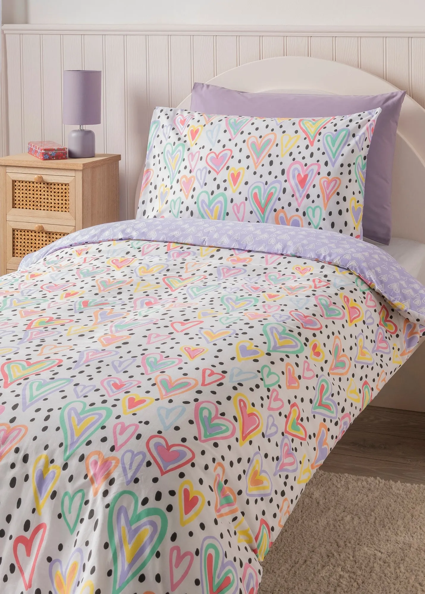 Polka Dot Heart Single Duvet Set - Lilac, Polyester-Cotton product