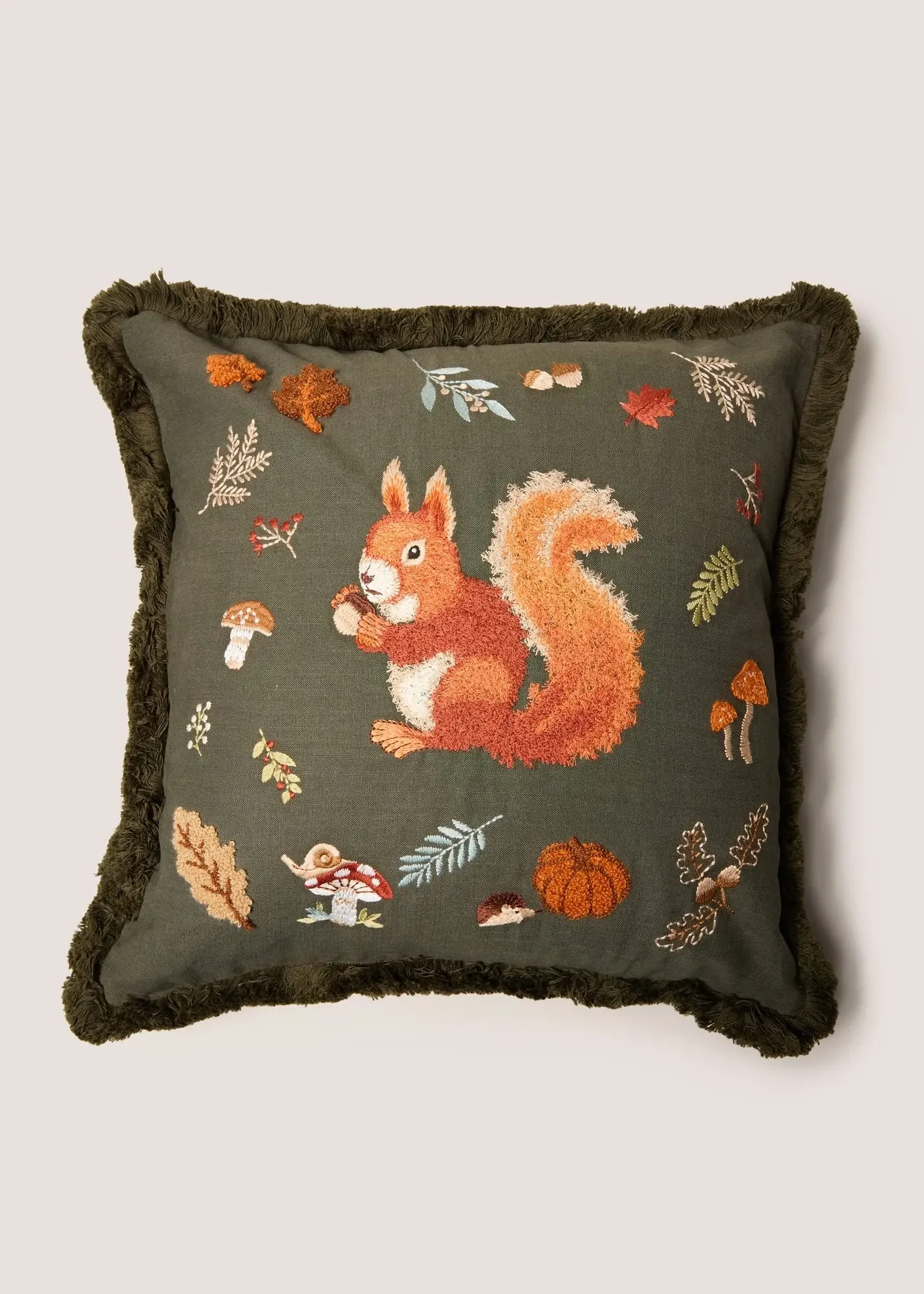 Squirrel Embroidered Cushion with Fringe Edge - Green, Cotton product