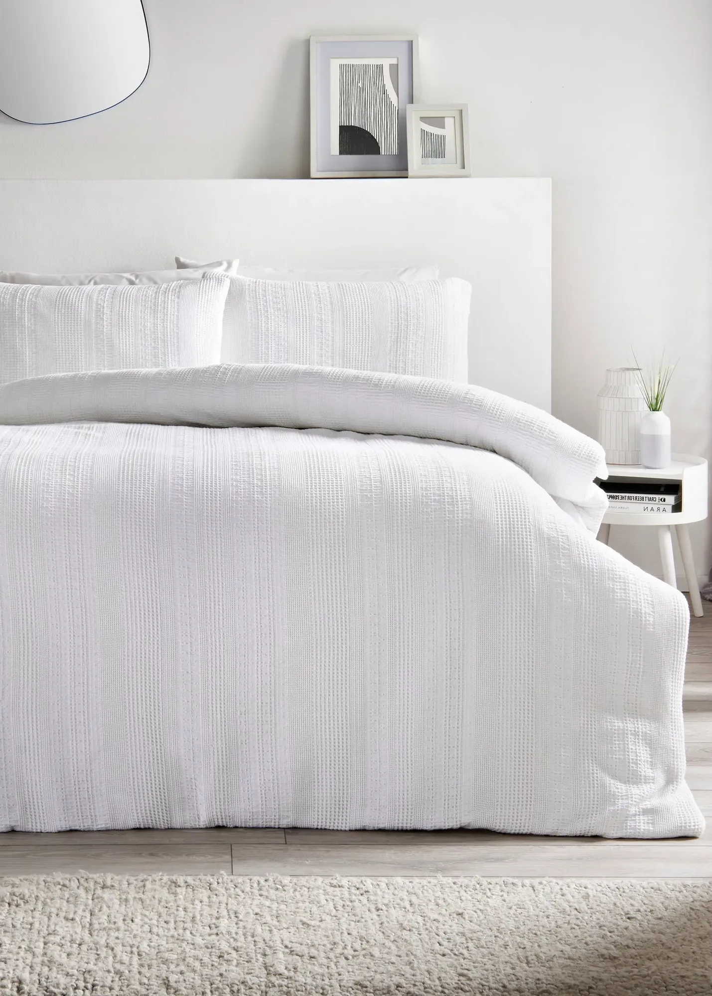 Waffle Stripe Double Duvet Set - White, Cotton product