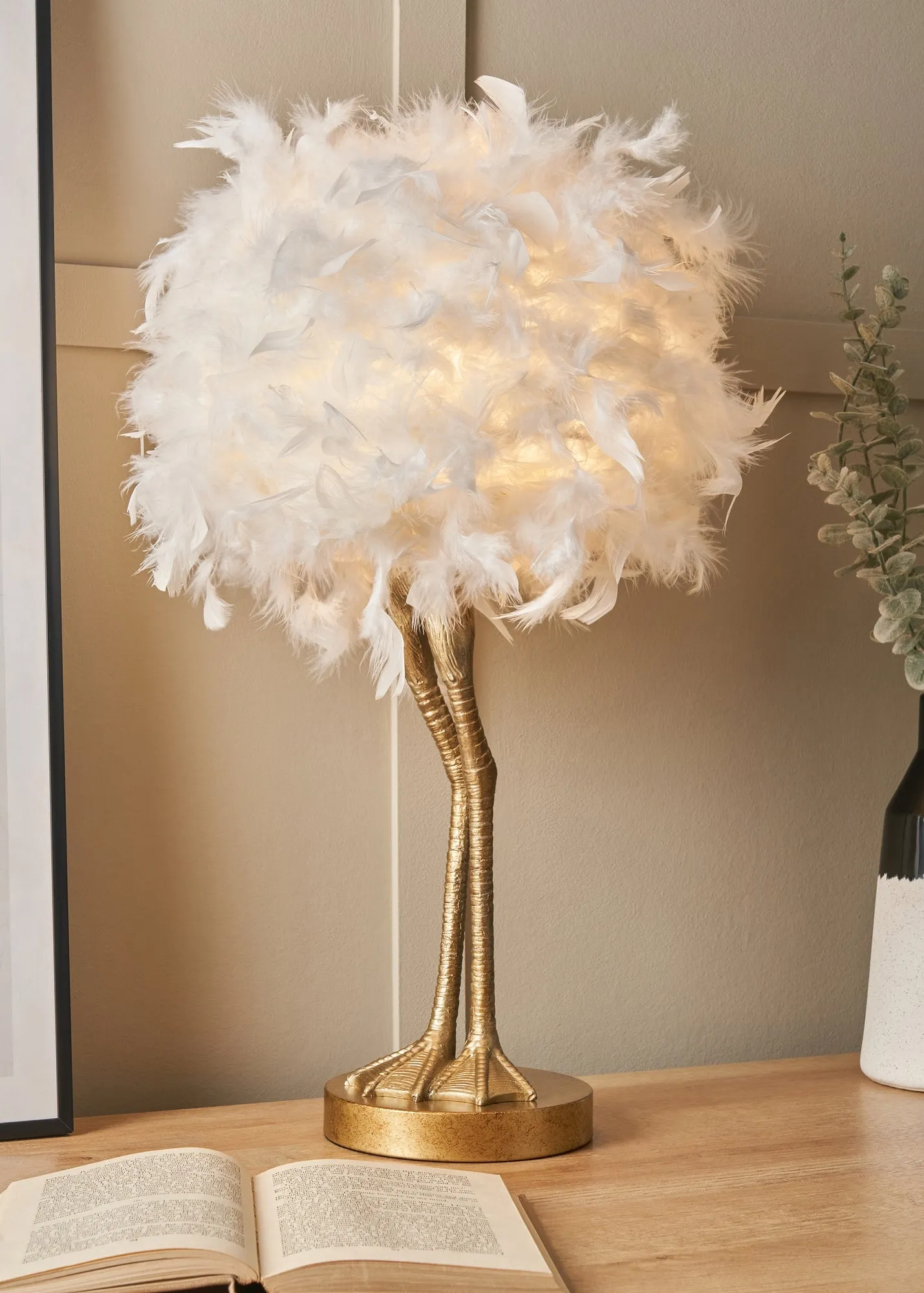 Ostrich Legs Feather Table Lamp - Gold, Resin product