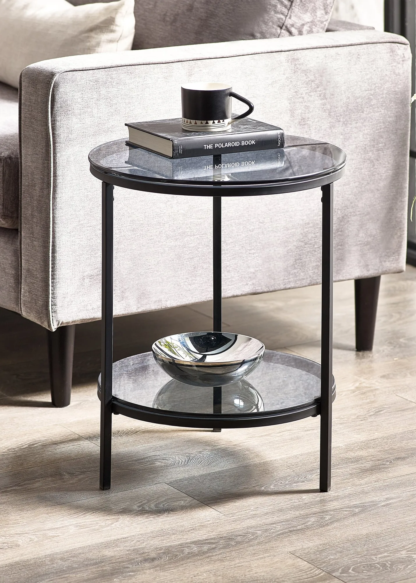 Chicago Round Lamp Table with Shelf - Black, Glass product