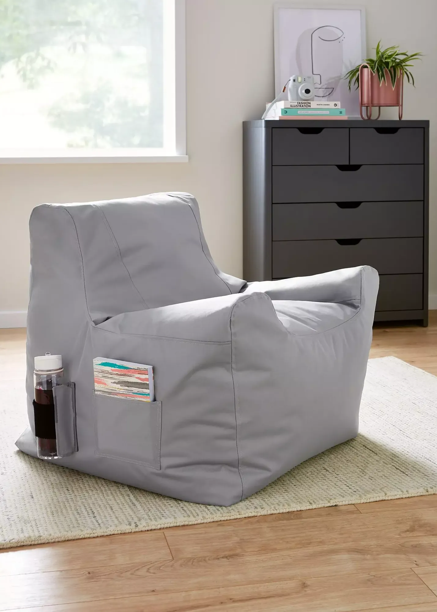 Beanbag Chair with Pocket and Bottle Sleeve - Grey, Polyester product