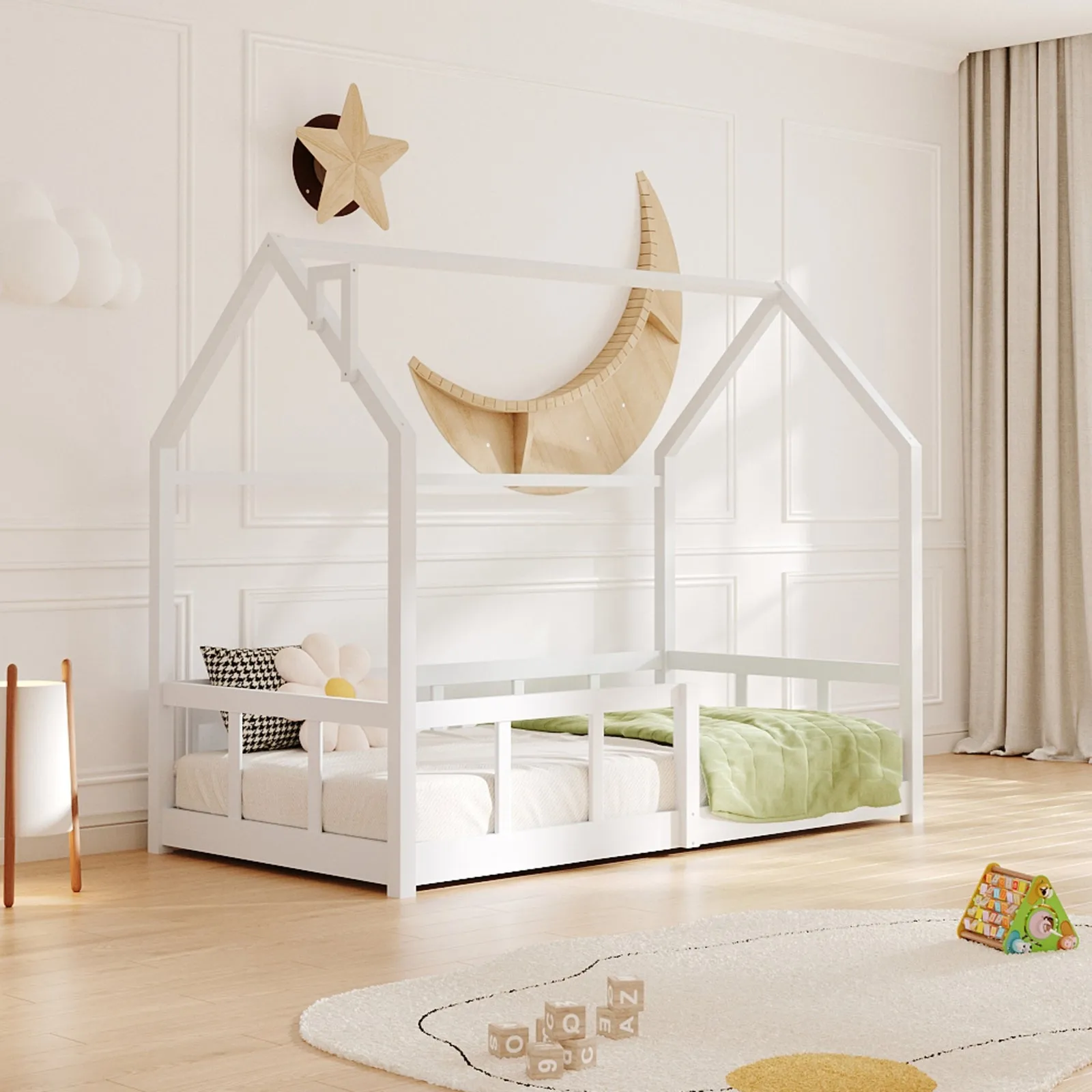 House Bed Frame with Protective Fence - White, Pine product