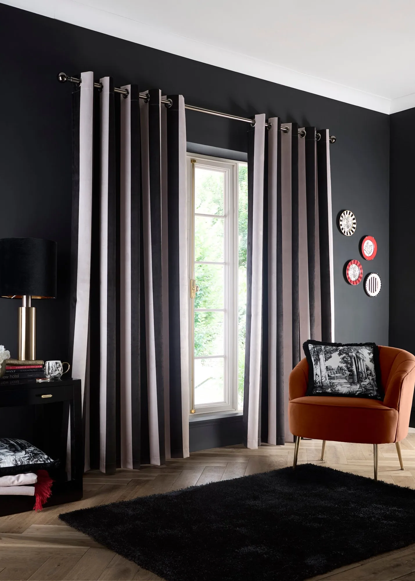 Festivo Stripe Eyelet Curtains Blackout Lined - Black, Velvet product