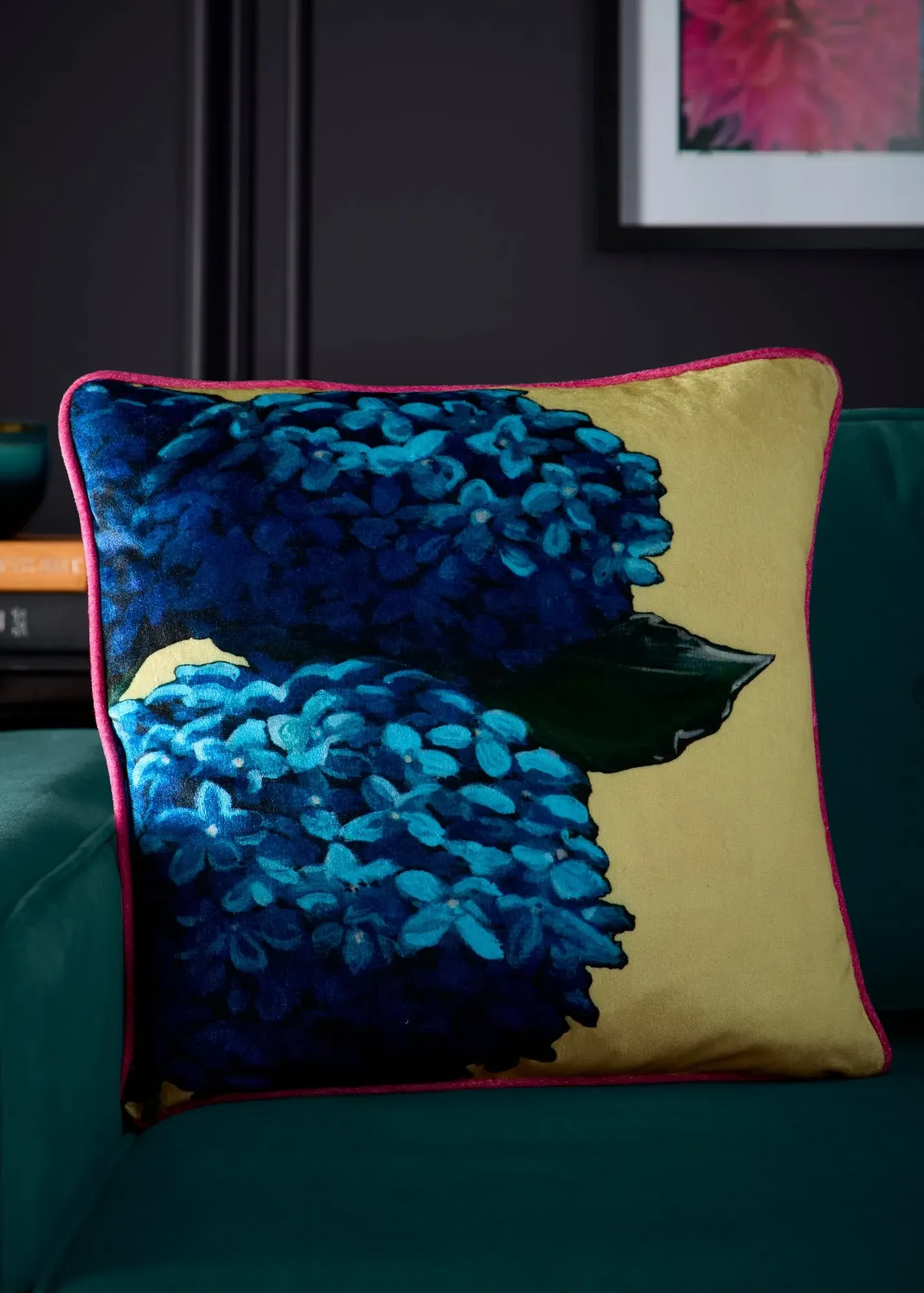 Hiyah Hydrangea Filled Cushion - Green, Velvet product