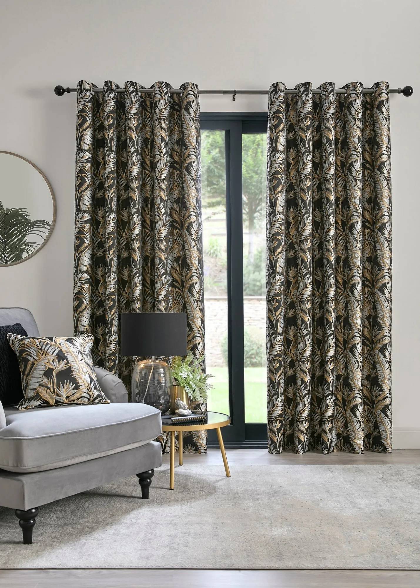 Paradise Palm Jacquard Eyelet Curtains 46x54" - Black, Polyester product