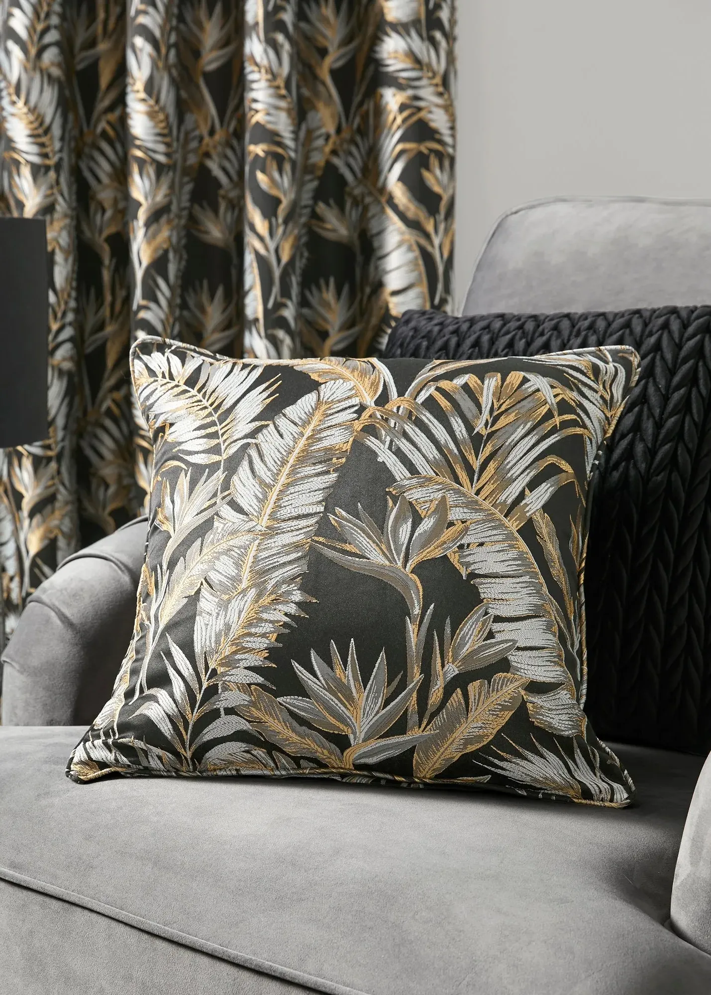 Paradise Palm Jacquard Filled Cushion - Black, Polyester product