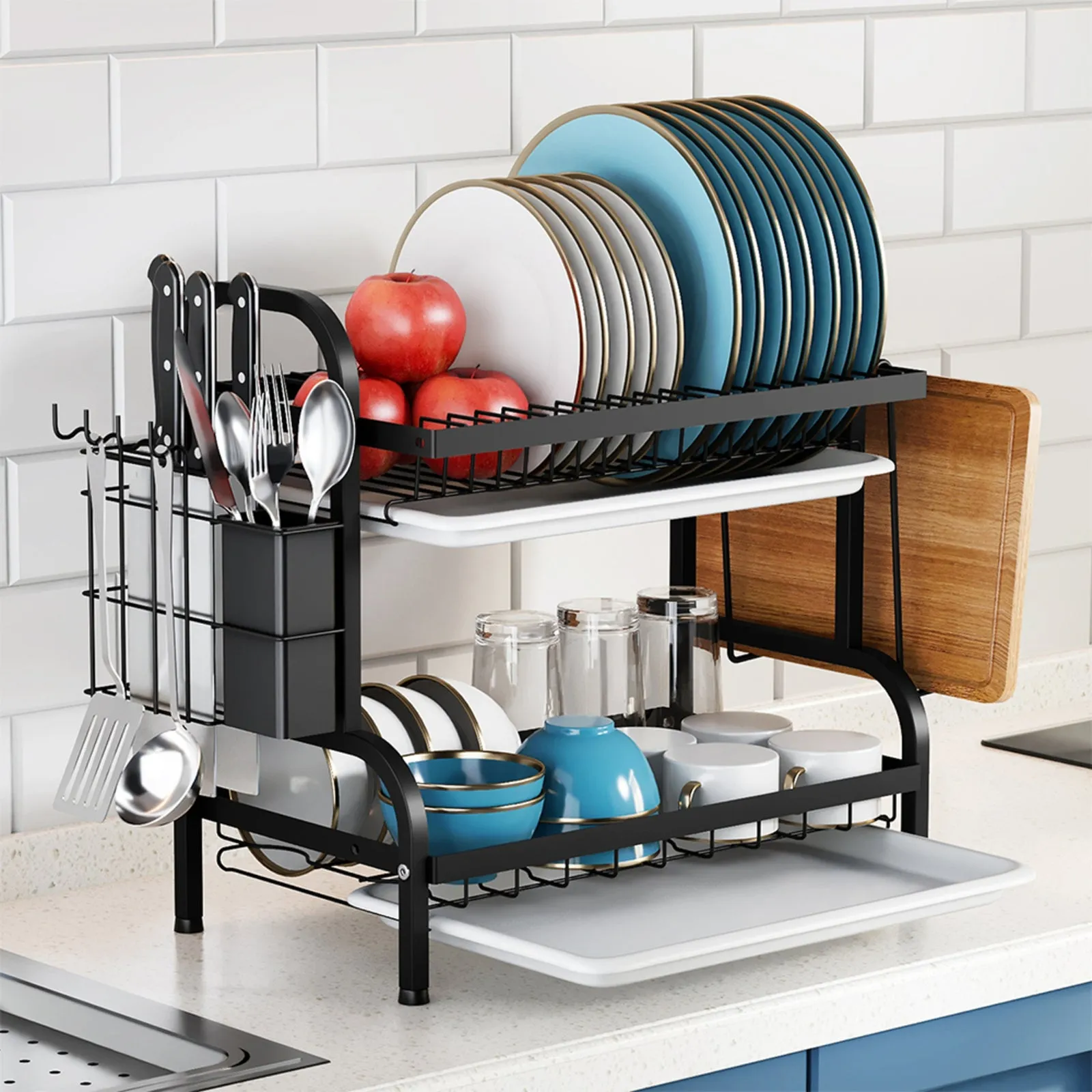2-Tier Dish Drying Rack with Drain Trays - Black, Carbon Steel product