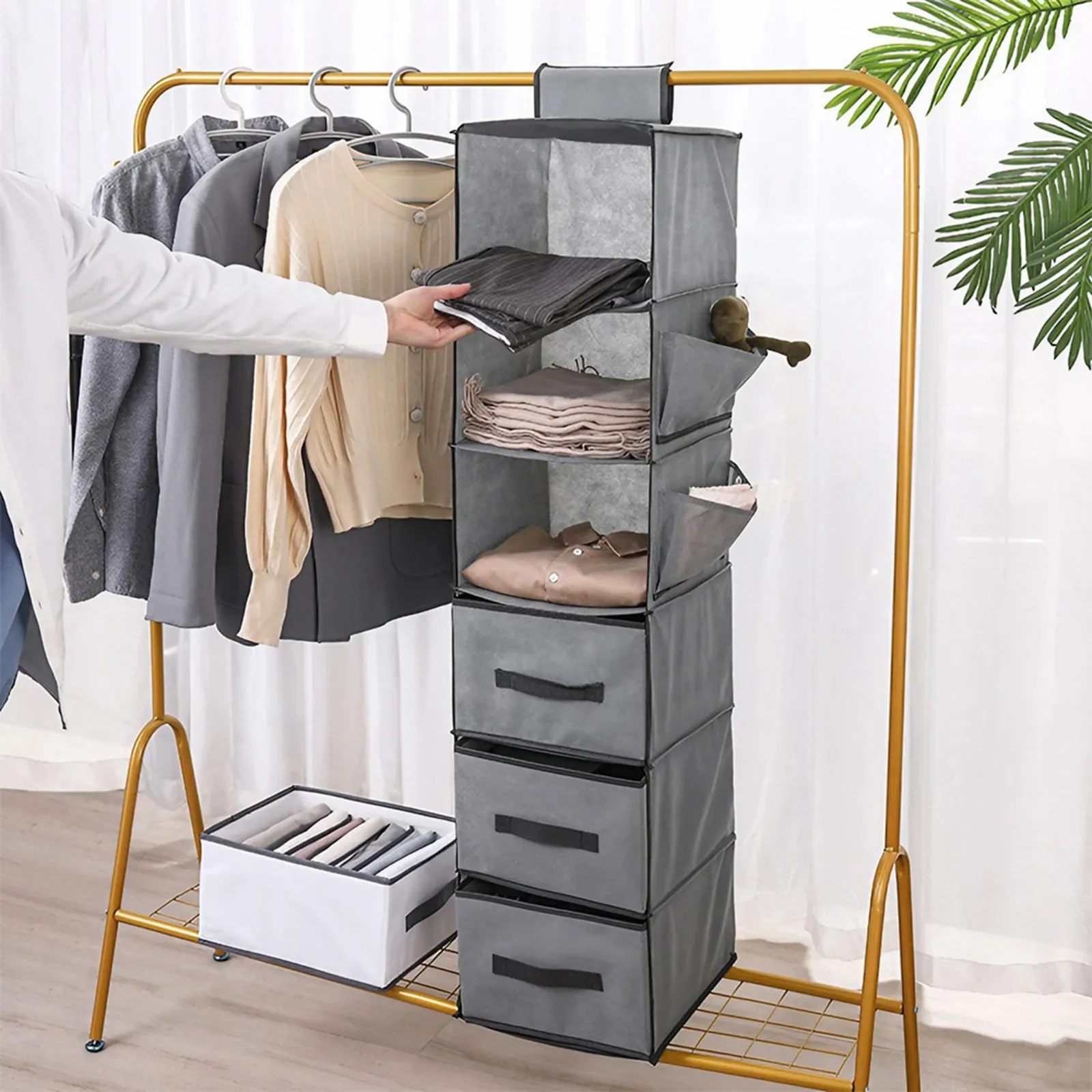 6-Tier Hanging Closet Organizer with Drawers - Grey, Non-Woven Fabric product