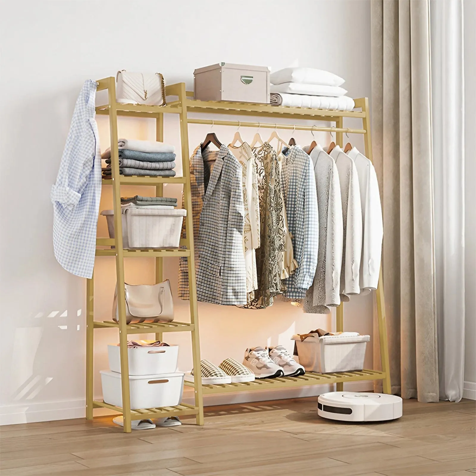 Bamboo Garment Clothes Rack with Shelves - Natural product
