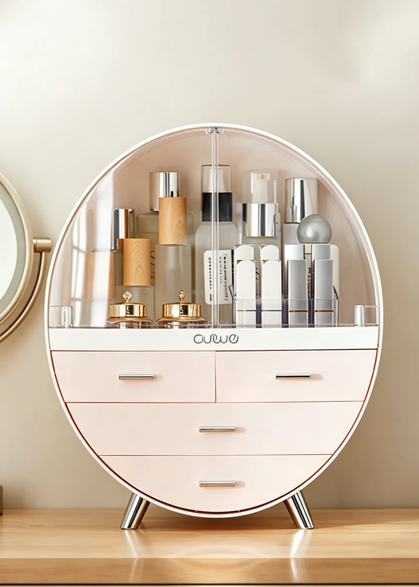 Round Tabletop Beauty Organiser with Drawers - Pink, ABS product