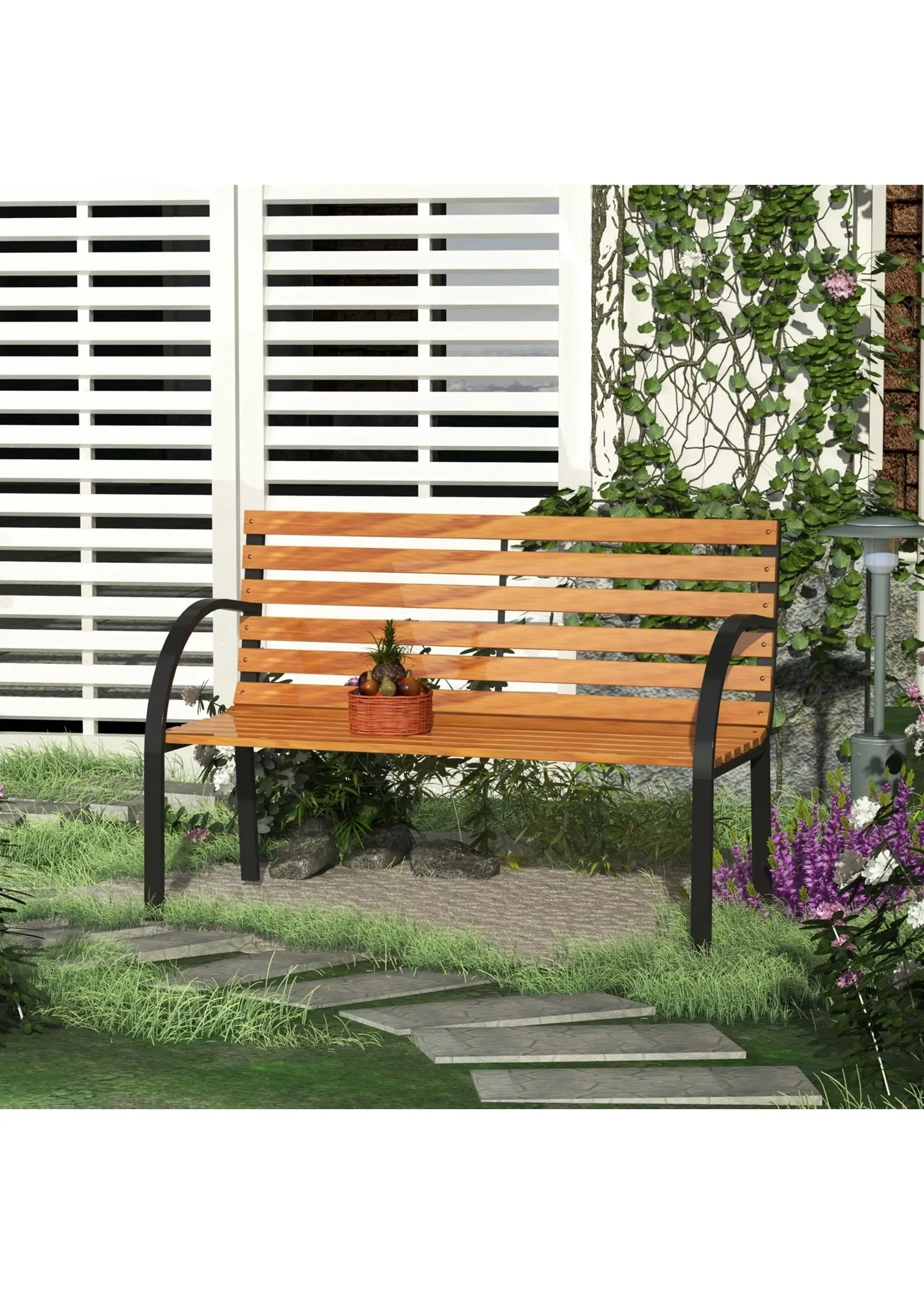 2-Seater Garden Bench with Steel Frame - Natural, Pine Wood product