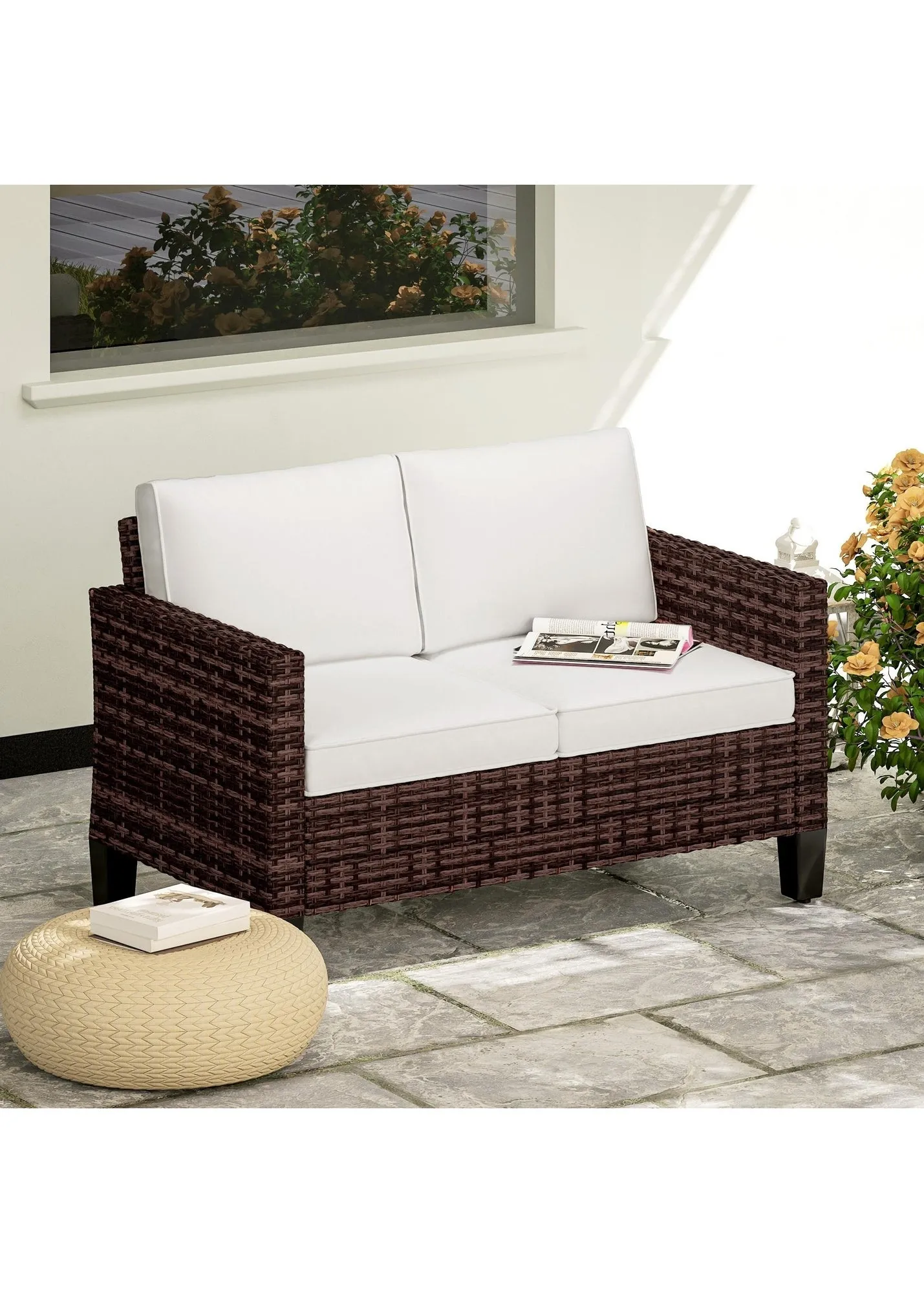 2 Seater Rattan Garden Sofa with Cushions - Brown, PE Rattan product