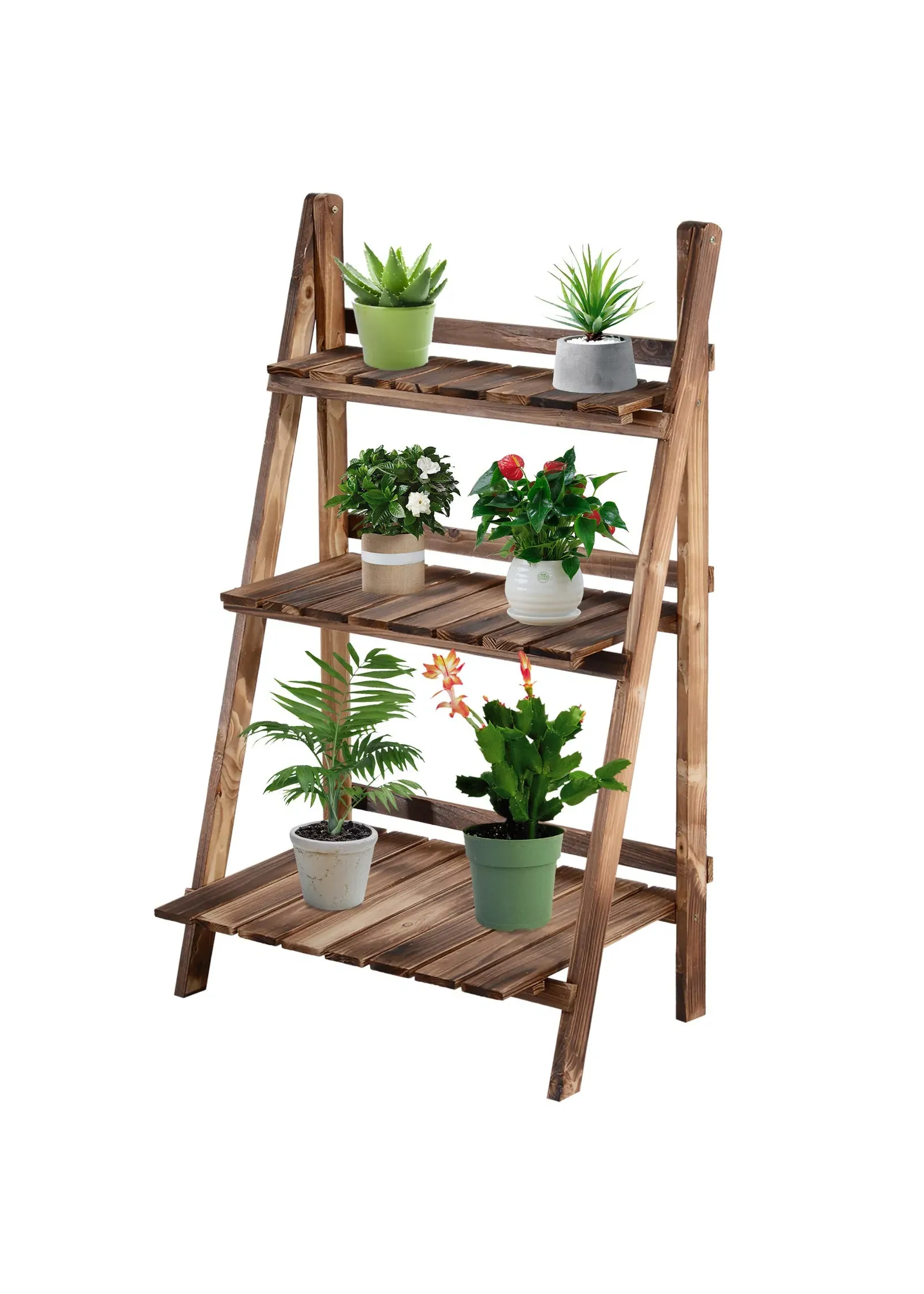 3 Tier Folding Flower Pot Stand - Brown, Fir Wood product