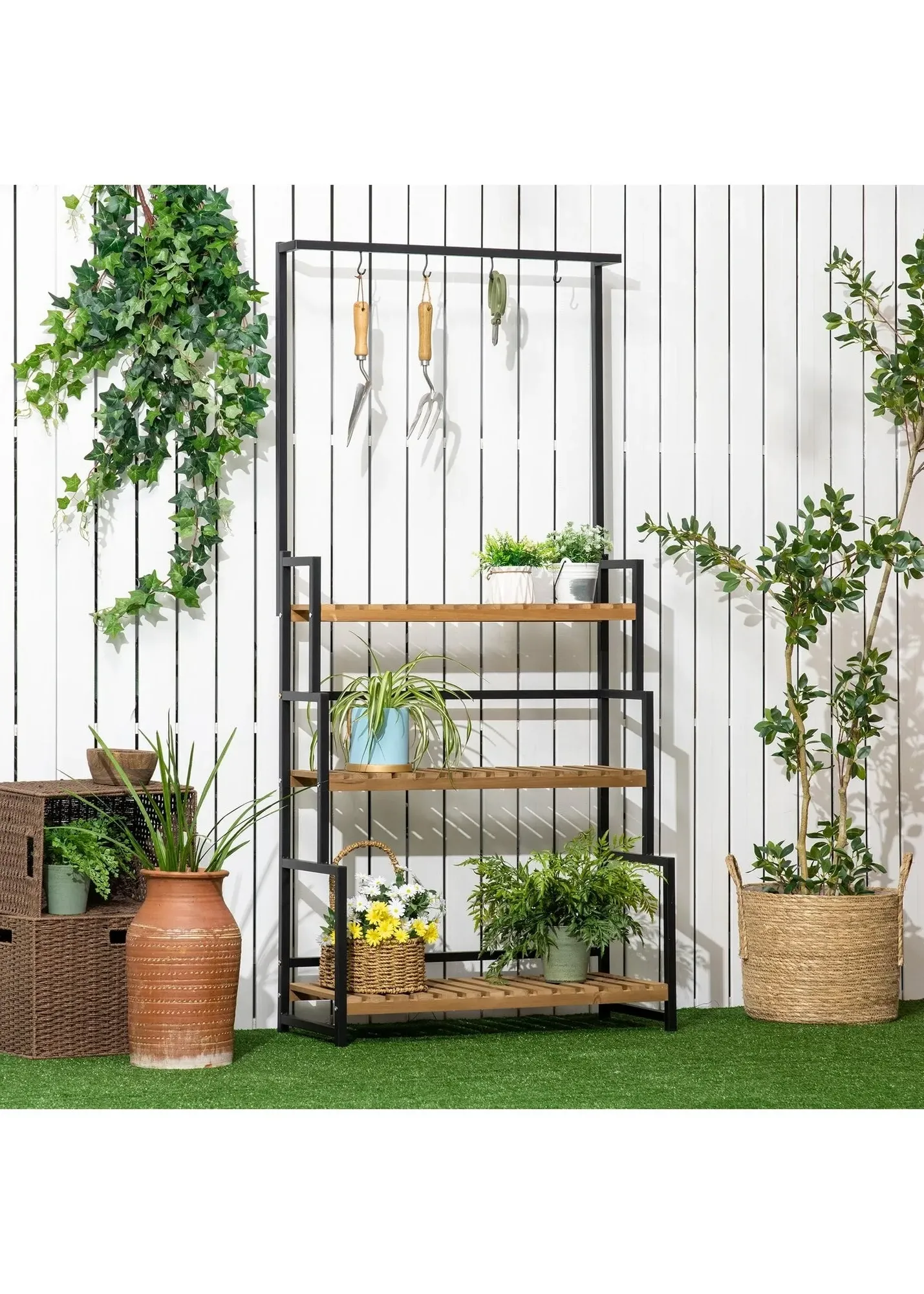 3-Tier Plant Stand Rack with Hanging Hooks - Black, Fir Wood product