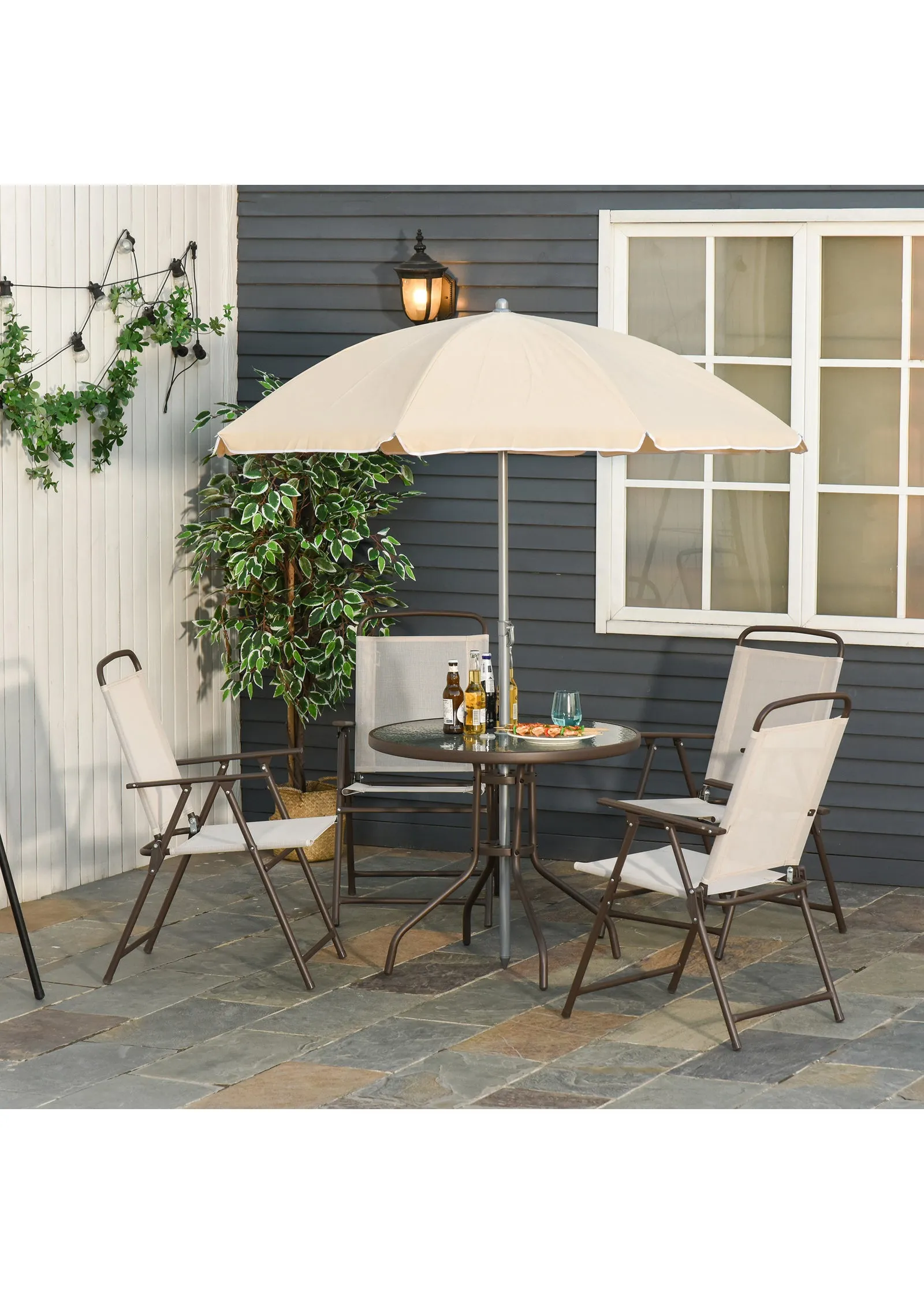 6-Piece Patio Dining Set with Umbrella & Folding Chairs - Beige, Steel product