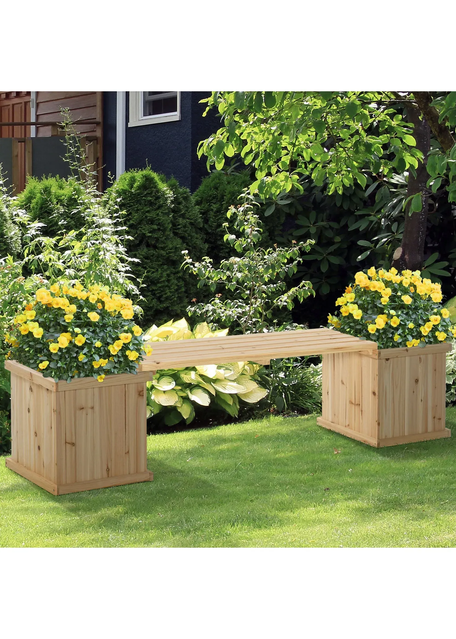 Garden Planter & Bench Combination Raised Bed - Natural Wood product