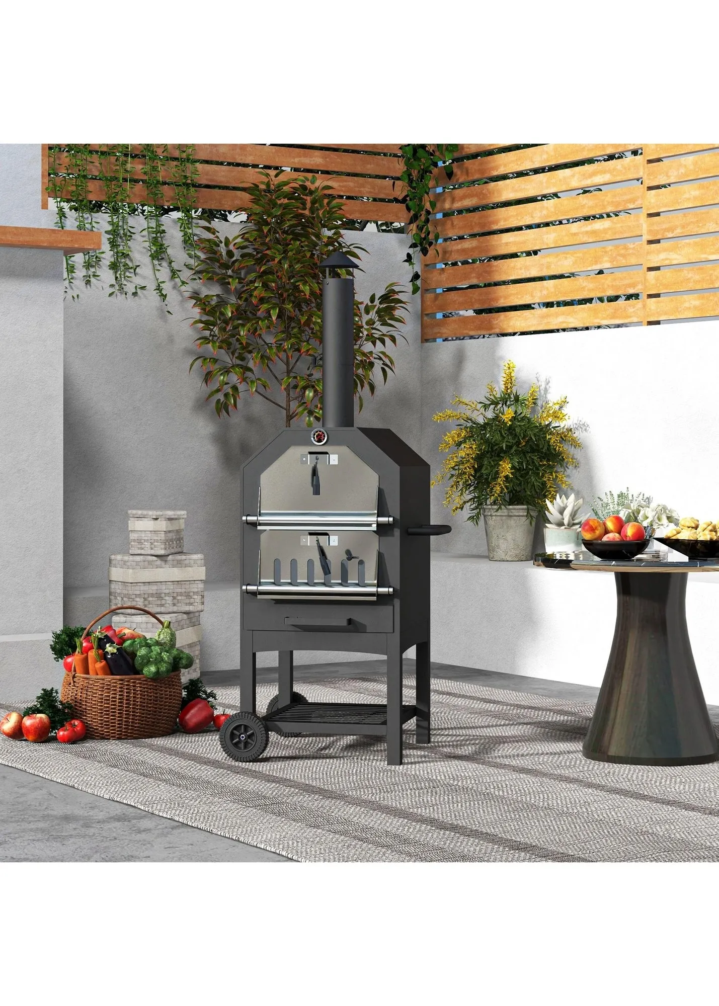 Outdoor Pizza Oven Grill with Rain Cover, Shelf & Wheels - Black, Steel product