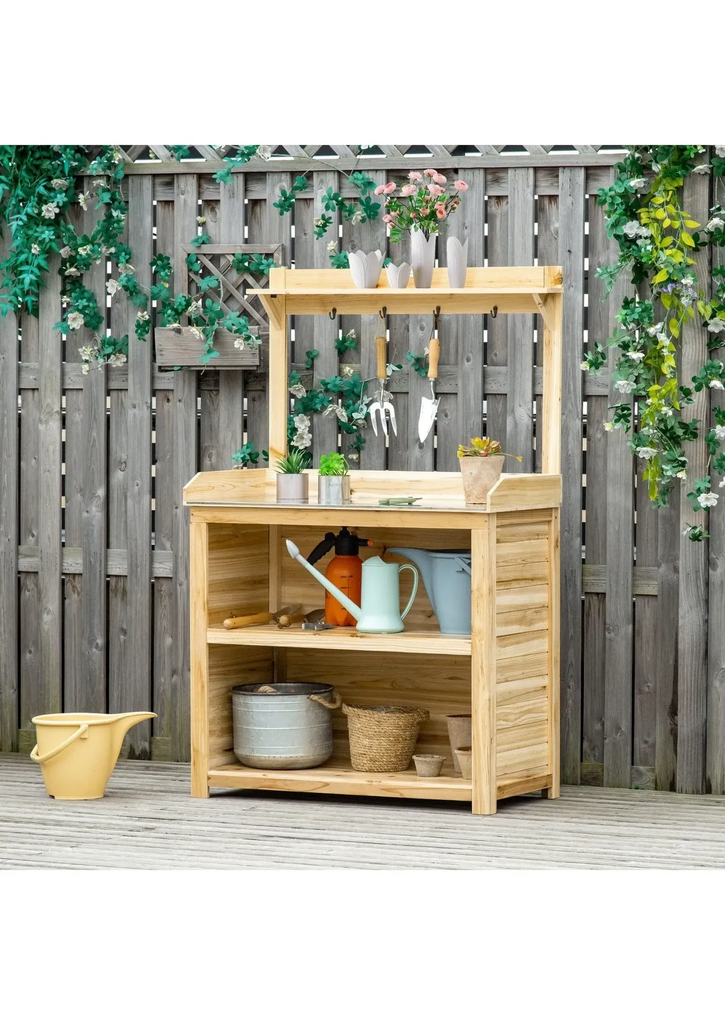 Potting Bench Workstation with Galvanized Tabletop and Storage Shelf - Natural product