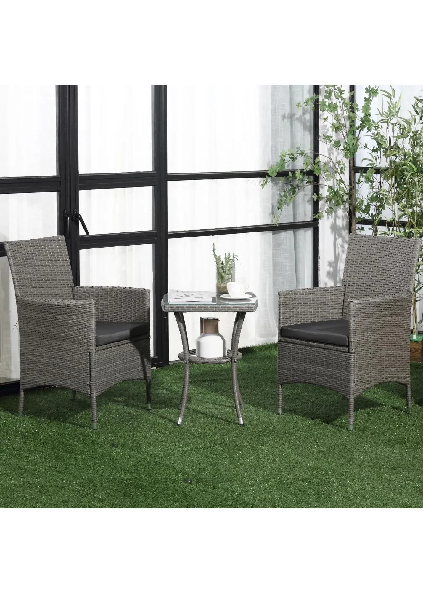 Rattan Bistro Set with Glass Top Table - Grey, PE Rattan product