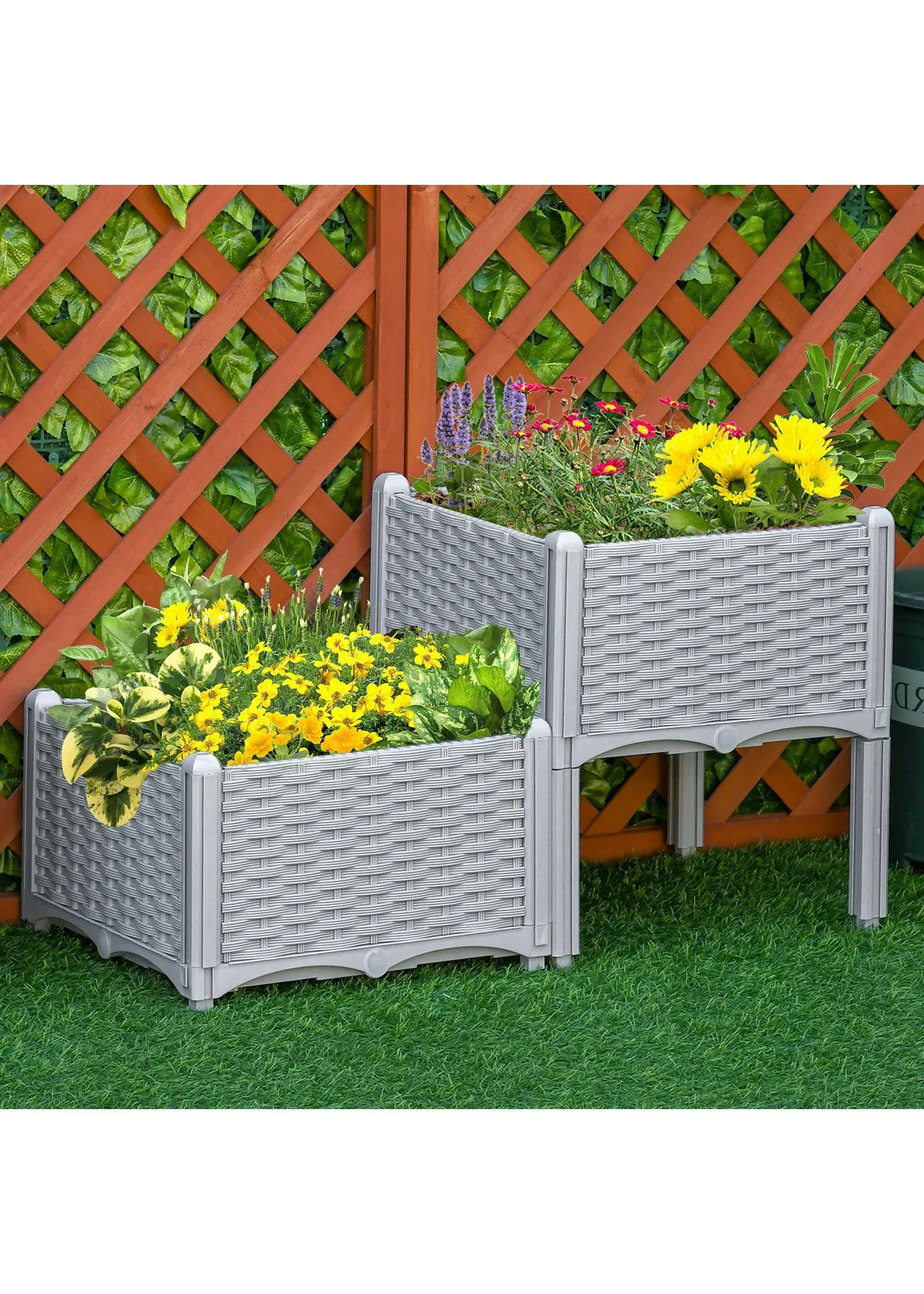 Set of 2 Raised Garden Planter Boxes with Self-Watering Disc - Grey, Plastic product