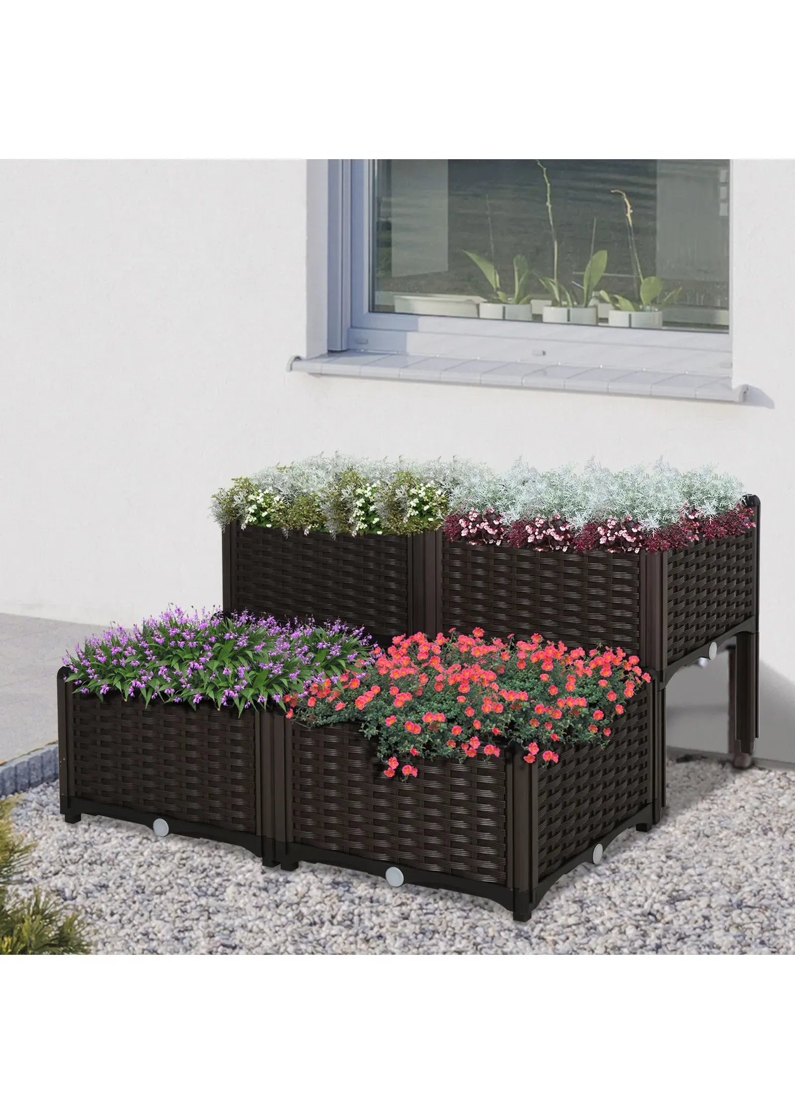 Set of 4 Raised Garden Planters with Self-Watering - Brown, Plastic product