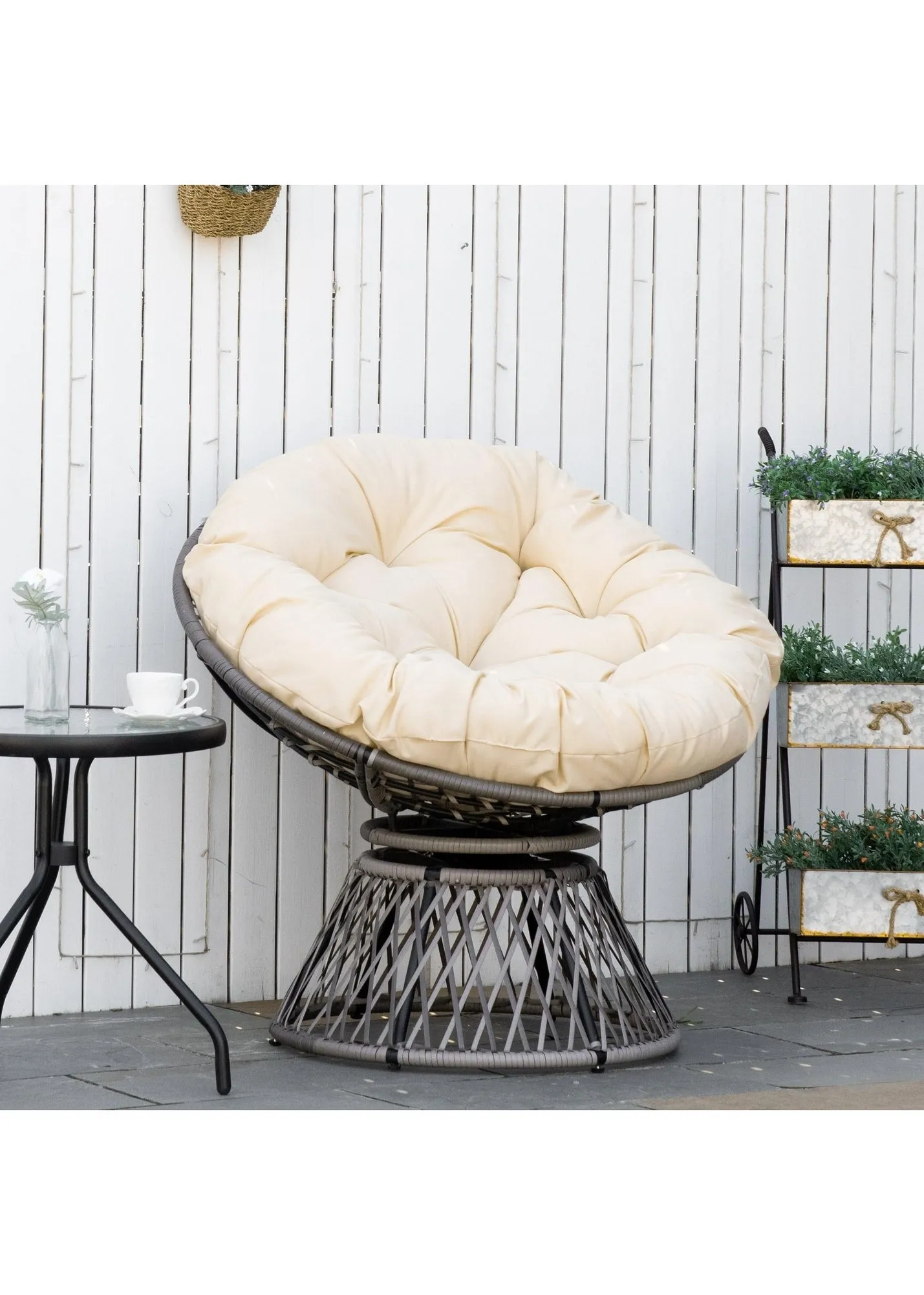 Swivel Papasan Moon Bowl Chair Round with Padded Cushion - Beige, PE Rattan product