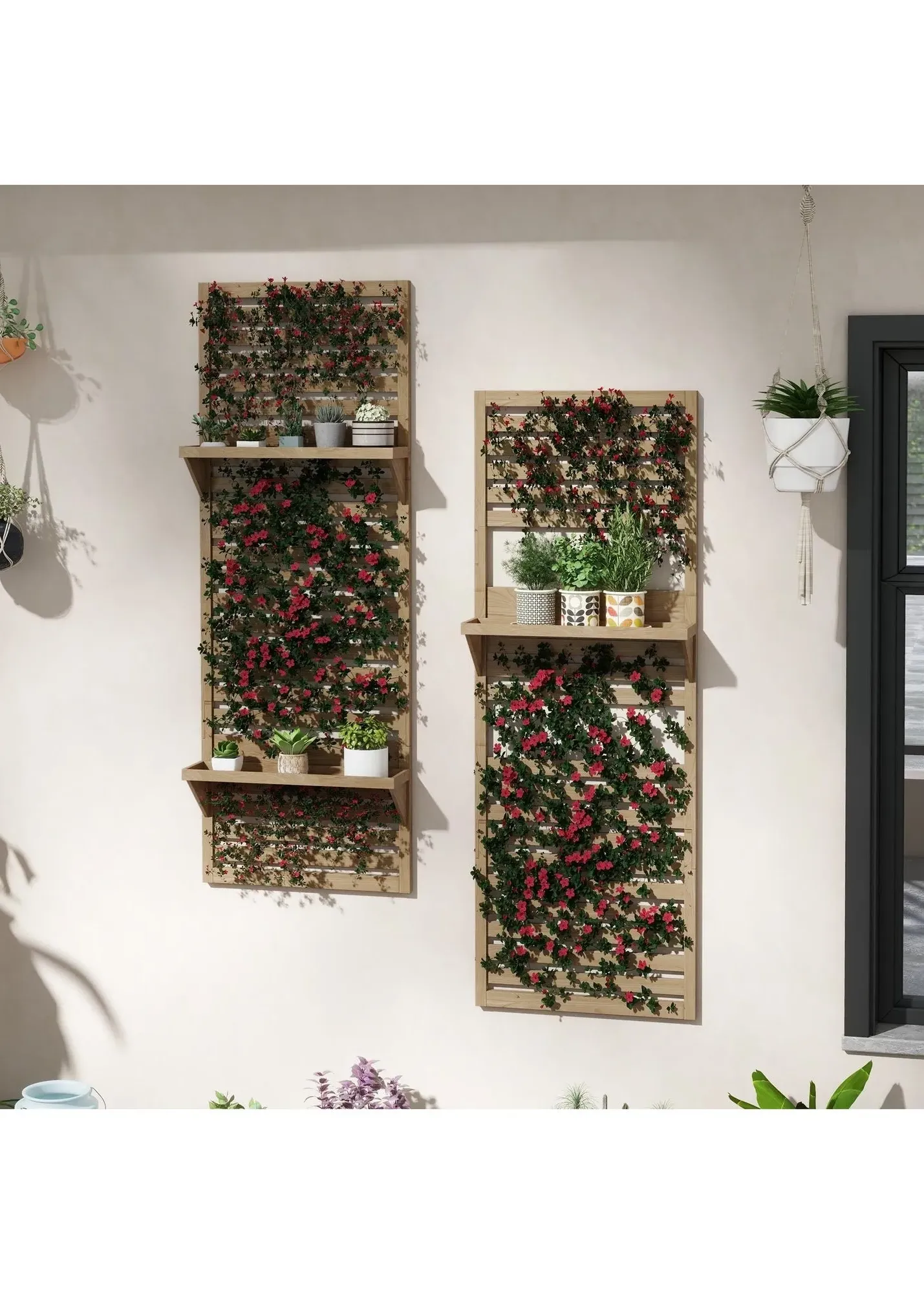 Wall Mounted Plant Stand Set of 2 with Shelves and Trellis - Brown, Fir Wood product