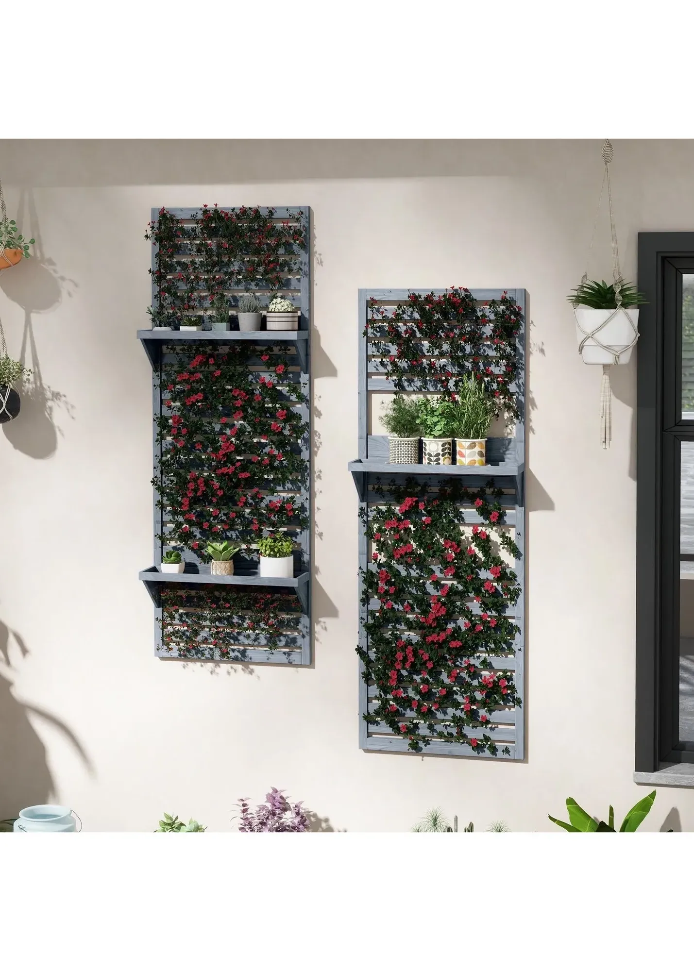 Wall Mounted Plant Stand Set of 2 with Shelves & Trellis - Grey, Fir Wood product