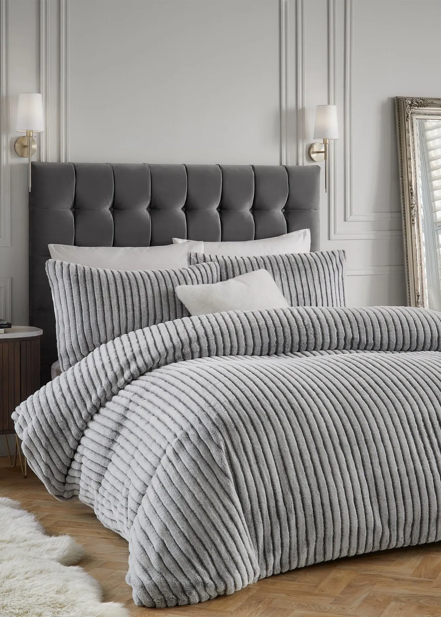 Alpine Striped Faux Fur Duvet Set Double - Grey product