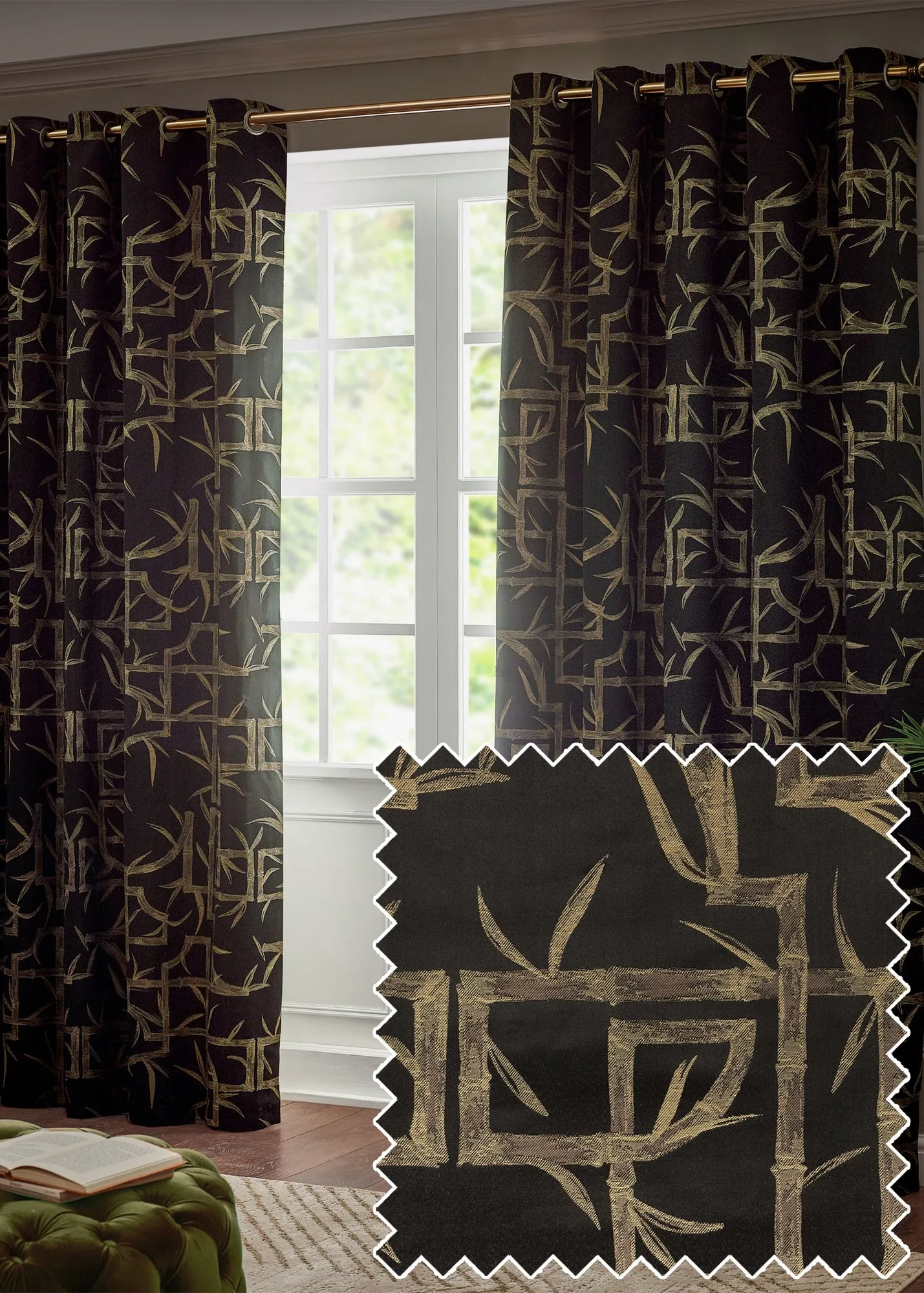 Bamboo Jacquard Room Darkening Eyelet Curtain Pair - Black, Polyester product