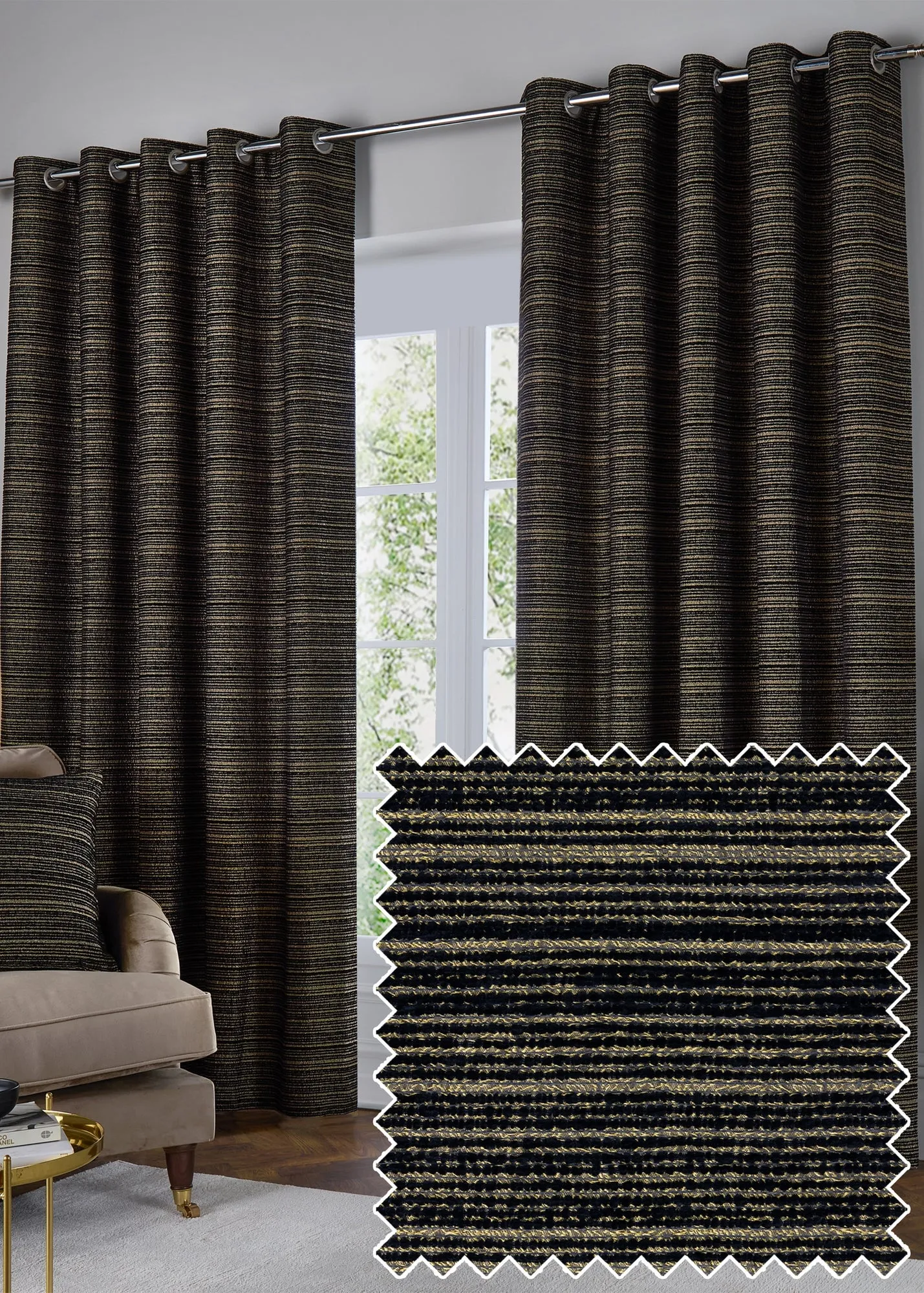 Jupiter Chenille Jacquard Eyelet Curtain Pair - Black product
