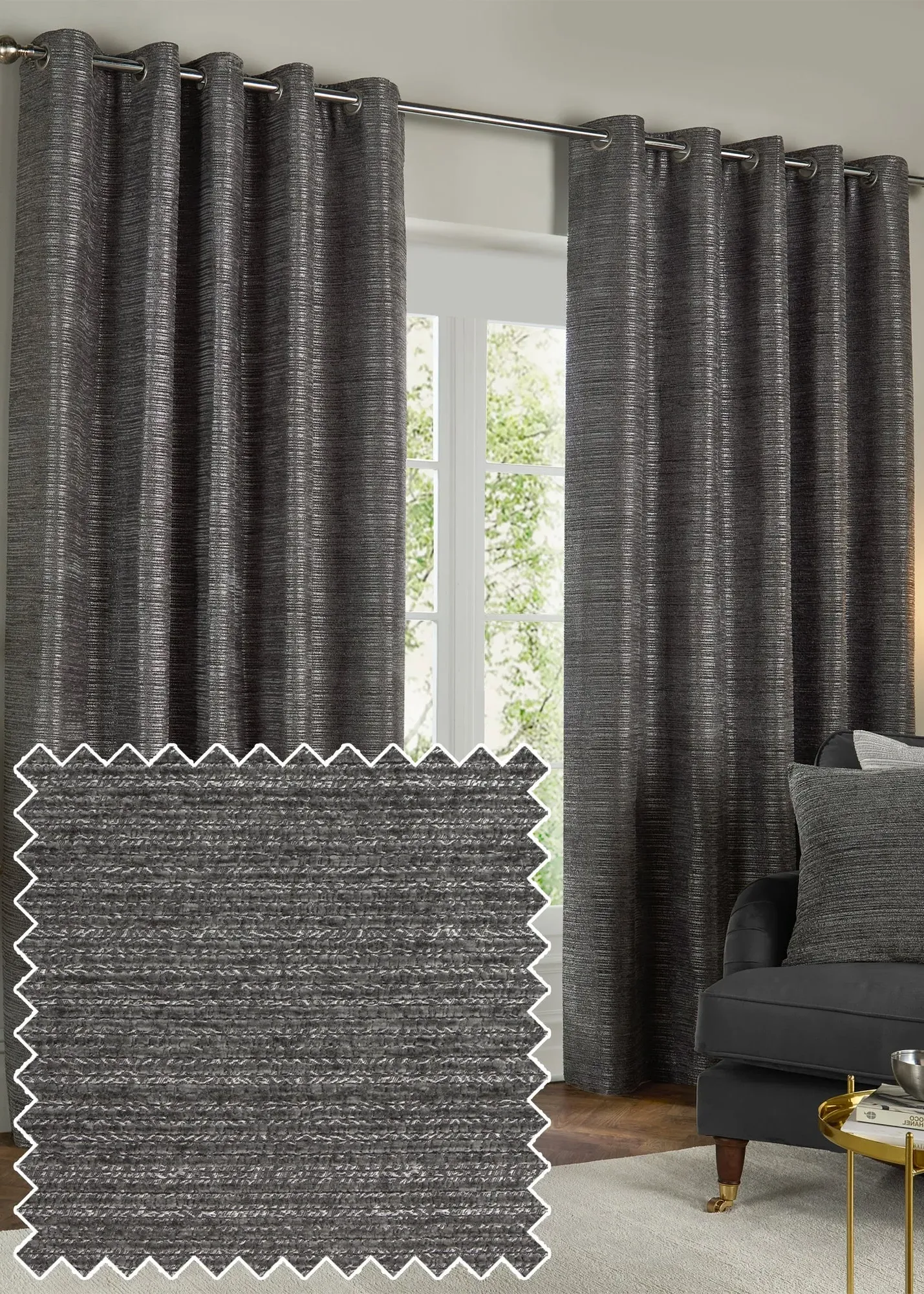 Jupiter Chenille Jacquard Eyelet Curtain Pair - Grey, Polyester product