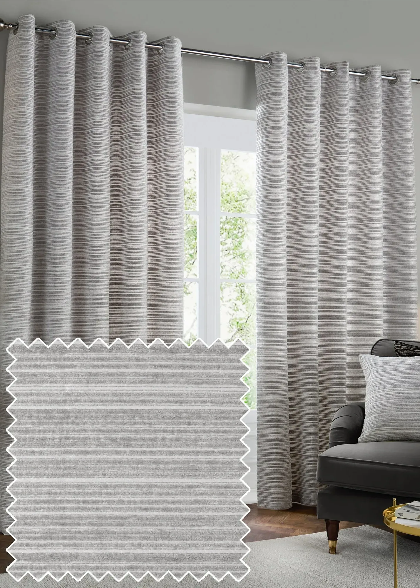 Jupiter Chenille Jacquard Eyelet Curtain Pair - Silver, Polyester product
