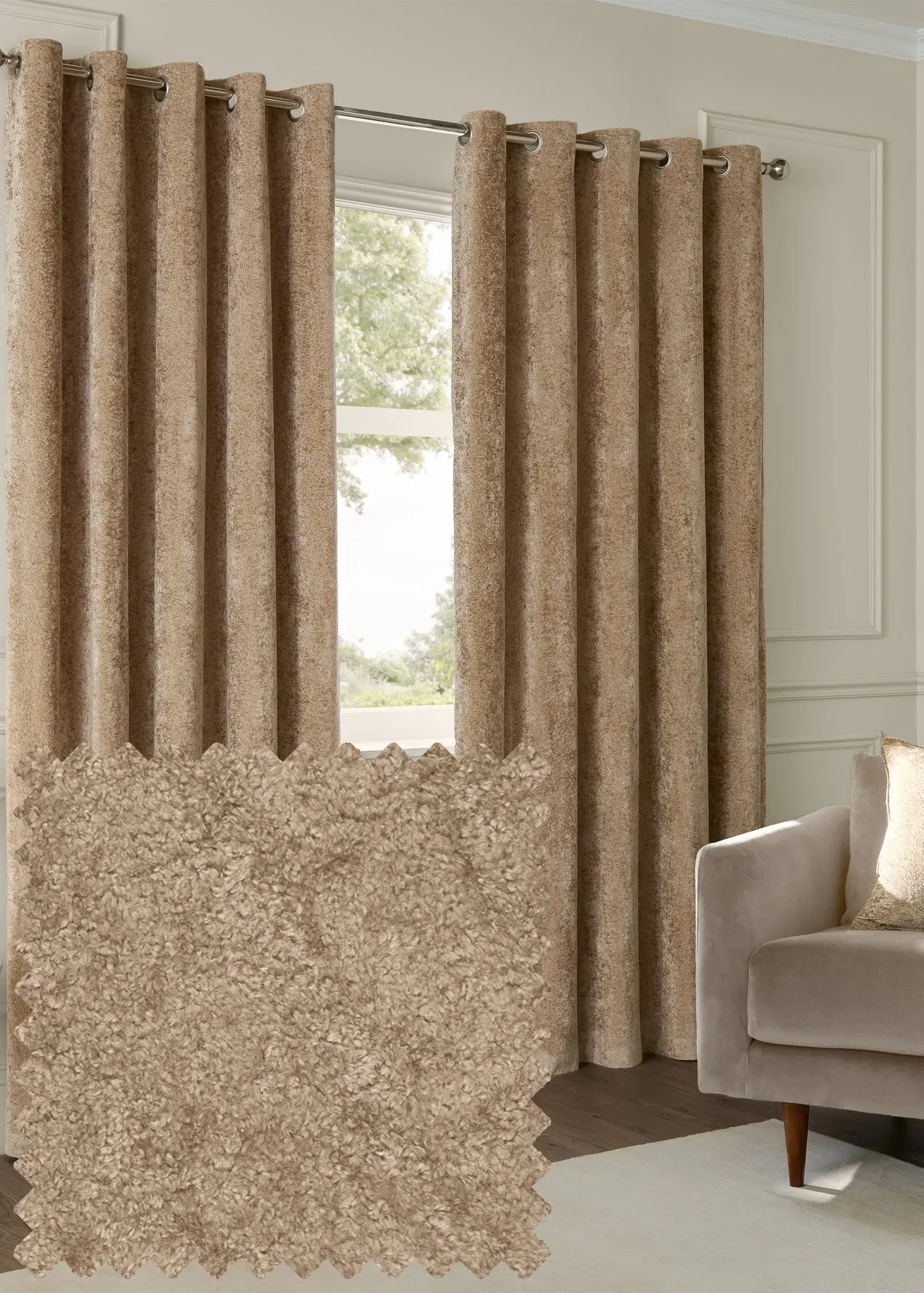 Lustre Velvet Room Darkening Eyelet Curtain Pair - Beige, Polyester product