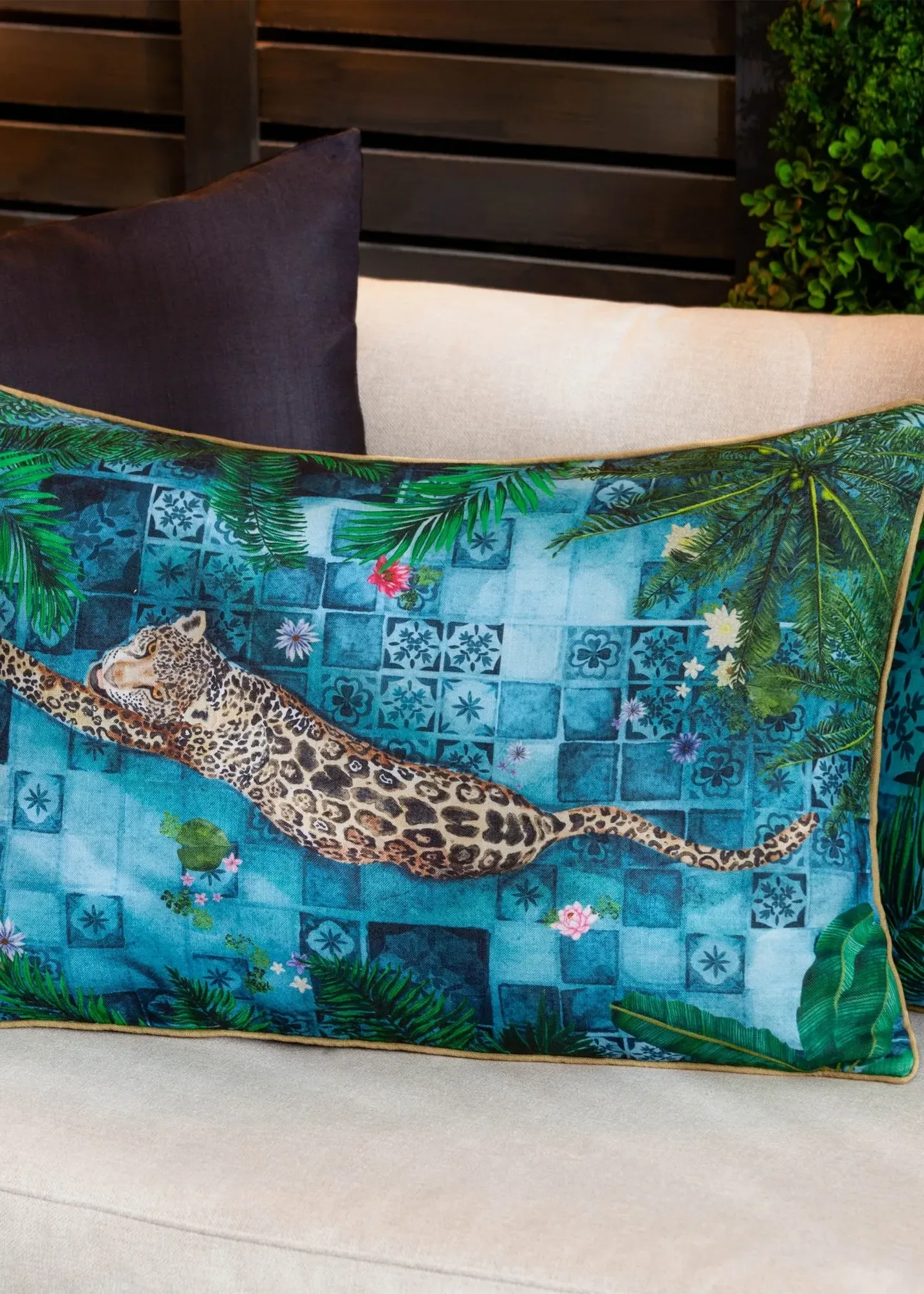 Majorelle Leopard Moroccan Piped Outdoor Cushion - Dark Blue, Polyester product