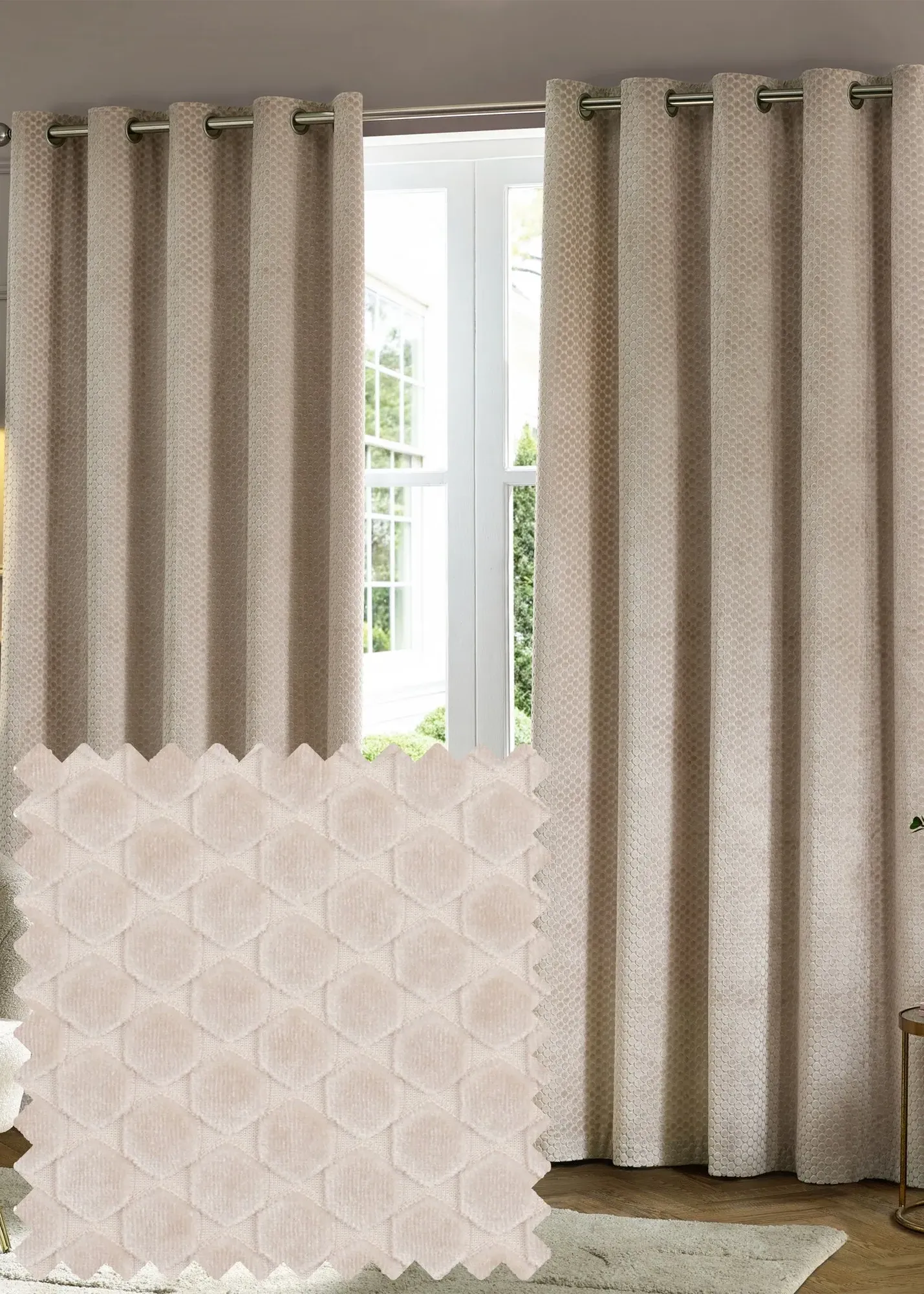 Neptune Velvet Room Darkening Eyelet Curtain Pair - Beige, Polyester product