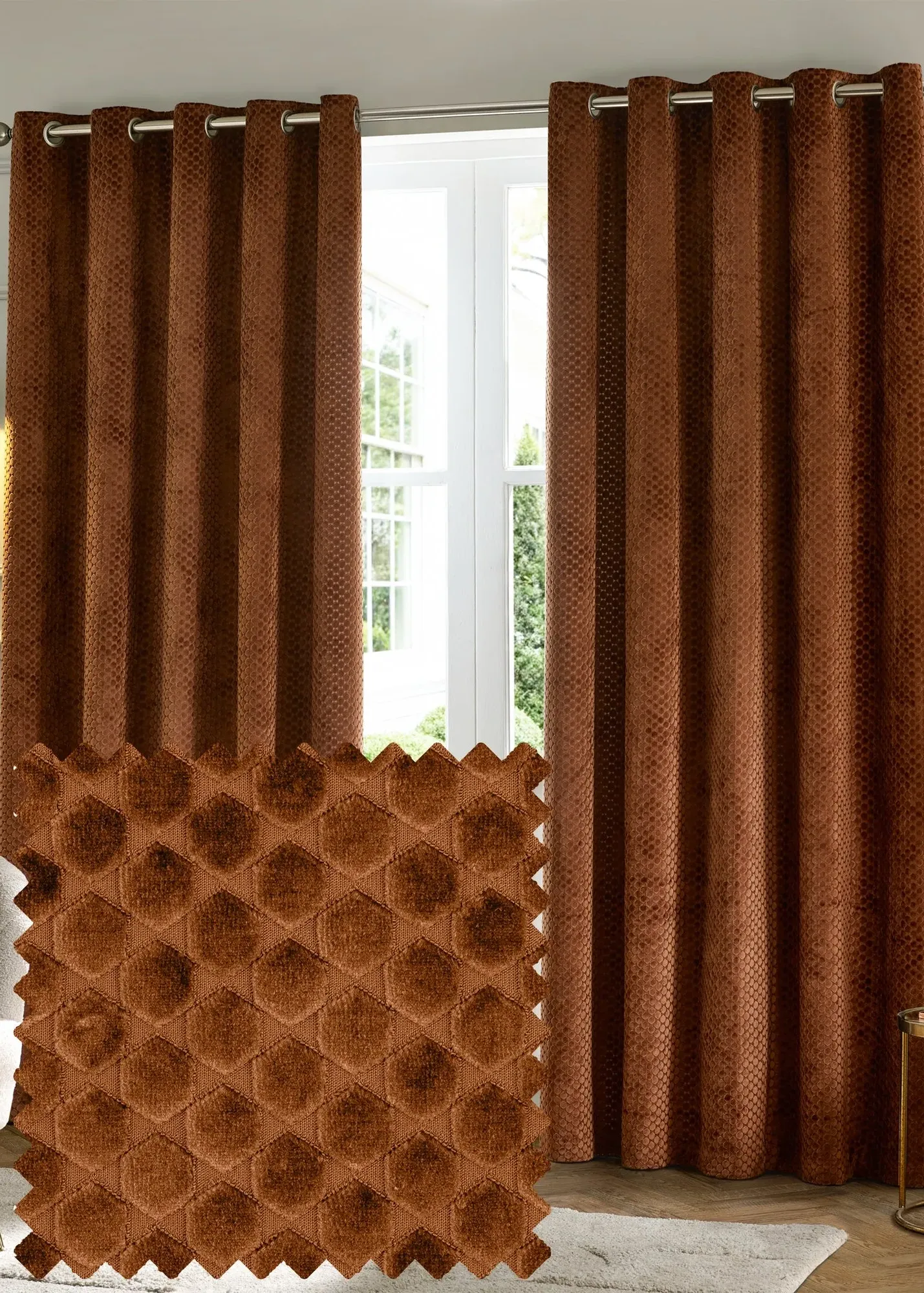 Neptune Velvet Room Darkening Eyelet Curtain Pair - Copper product