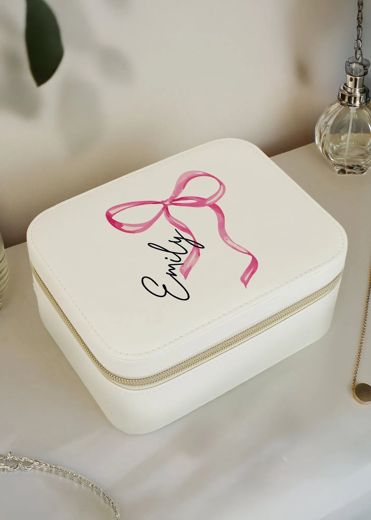 Bow Travel Jewellery Box - White, Faux Leather product