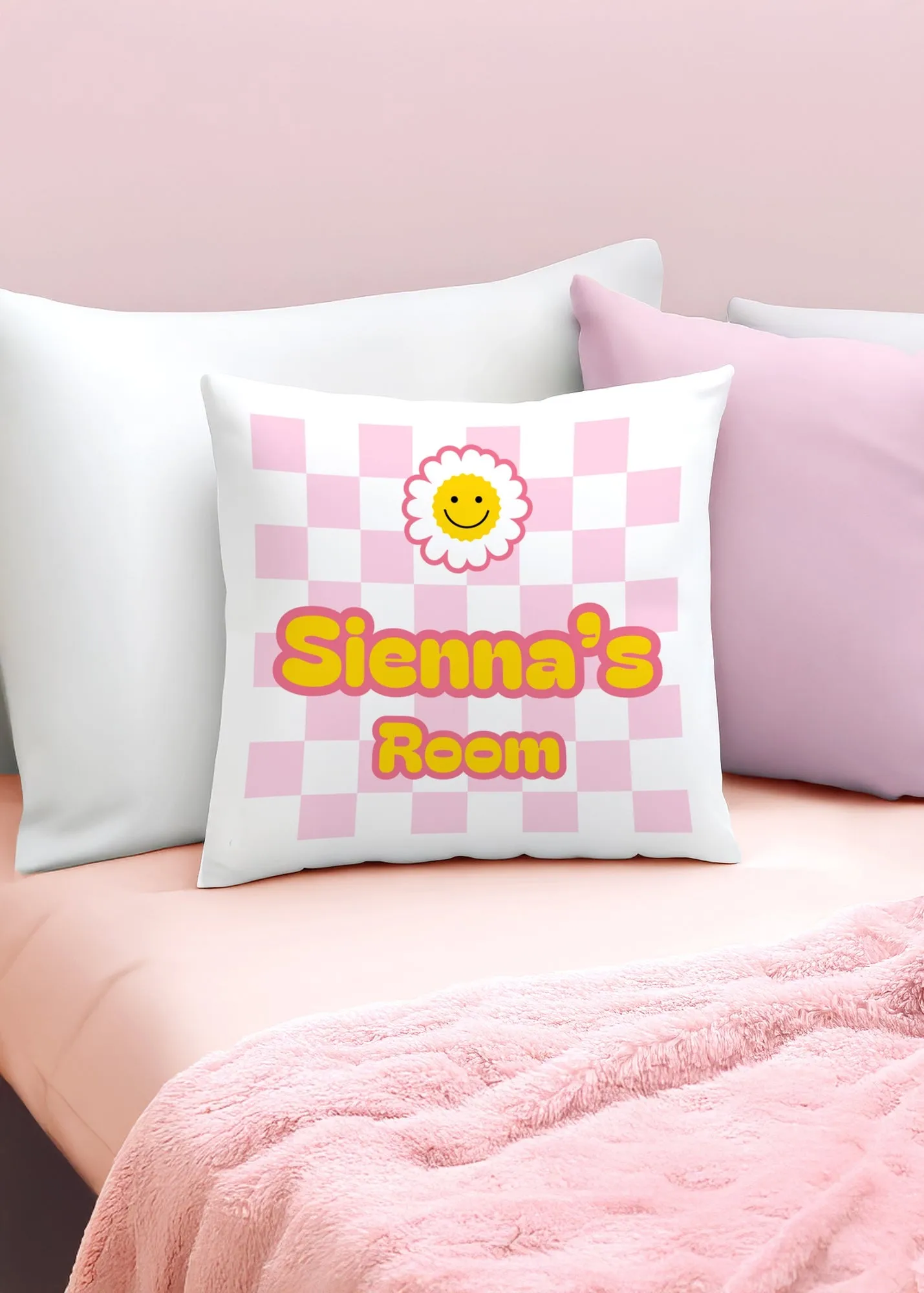 Check Personalised Bedroom Cushion - Pink, Polyester product