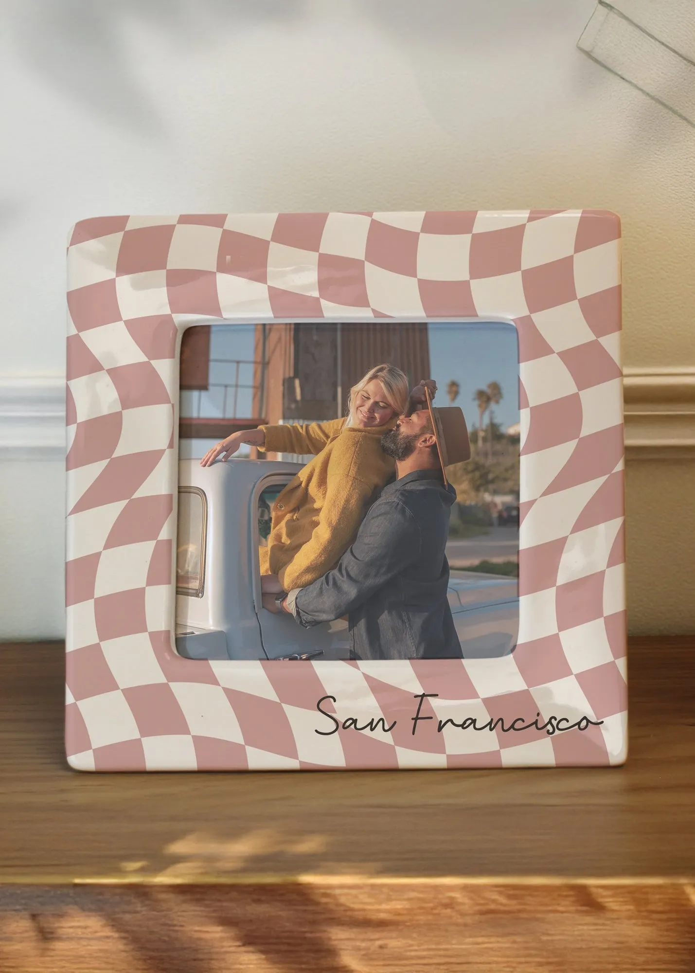 Checkerboard 4x4 Photo Frame Personalised - White, Ceramic product