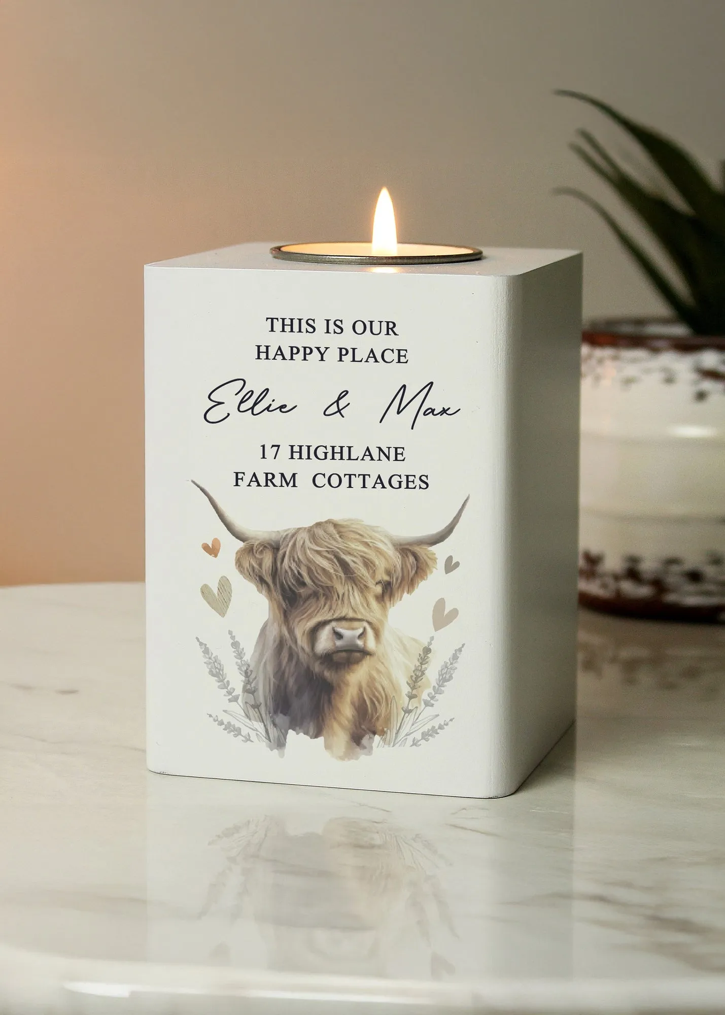 Highland Cow Tealight Holder - White, Painted Wood product