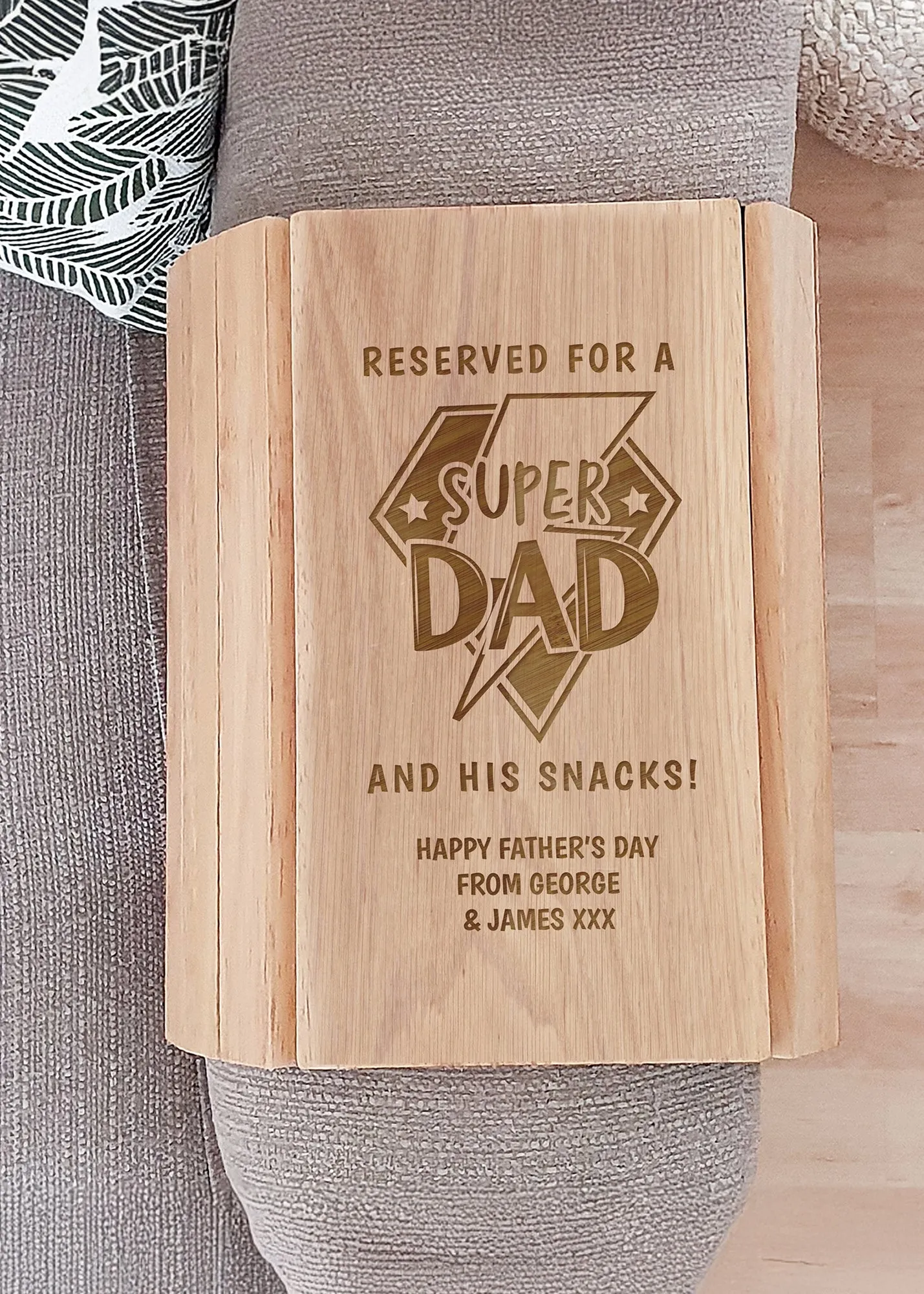 Super Dad Personalised Sofa Arm Tray - Brown, Wood product