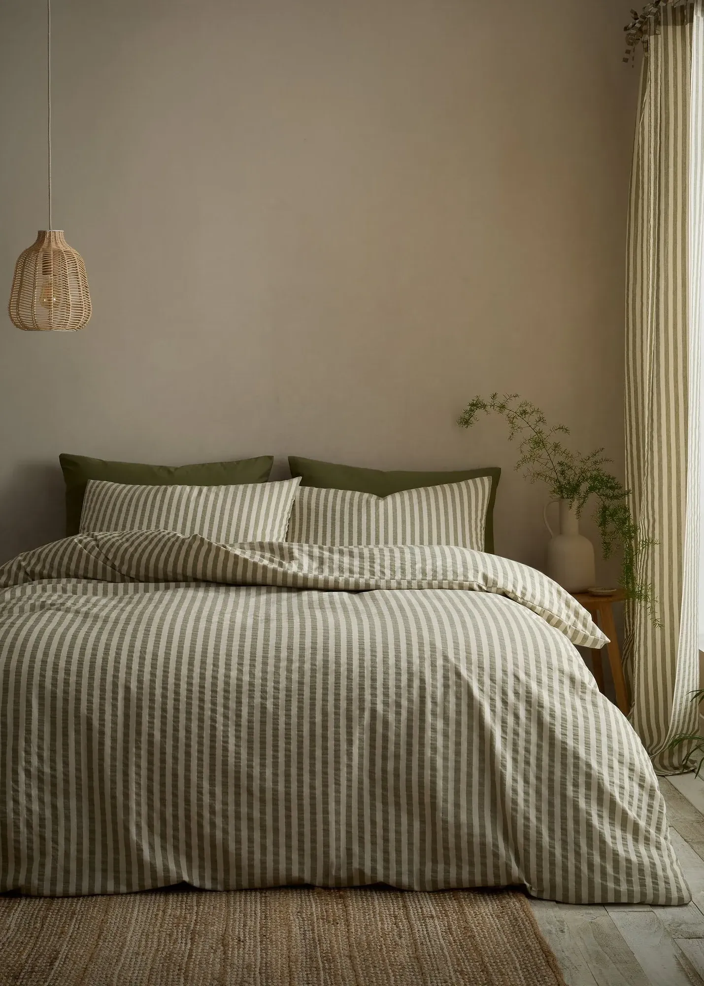 Woven Stripe Double Duvet Cover Set - Green, Cotton product